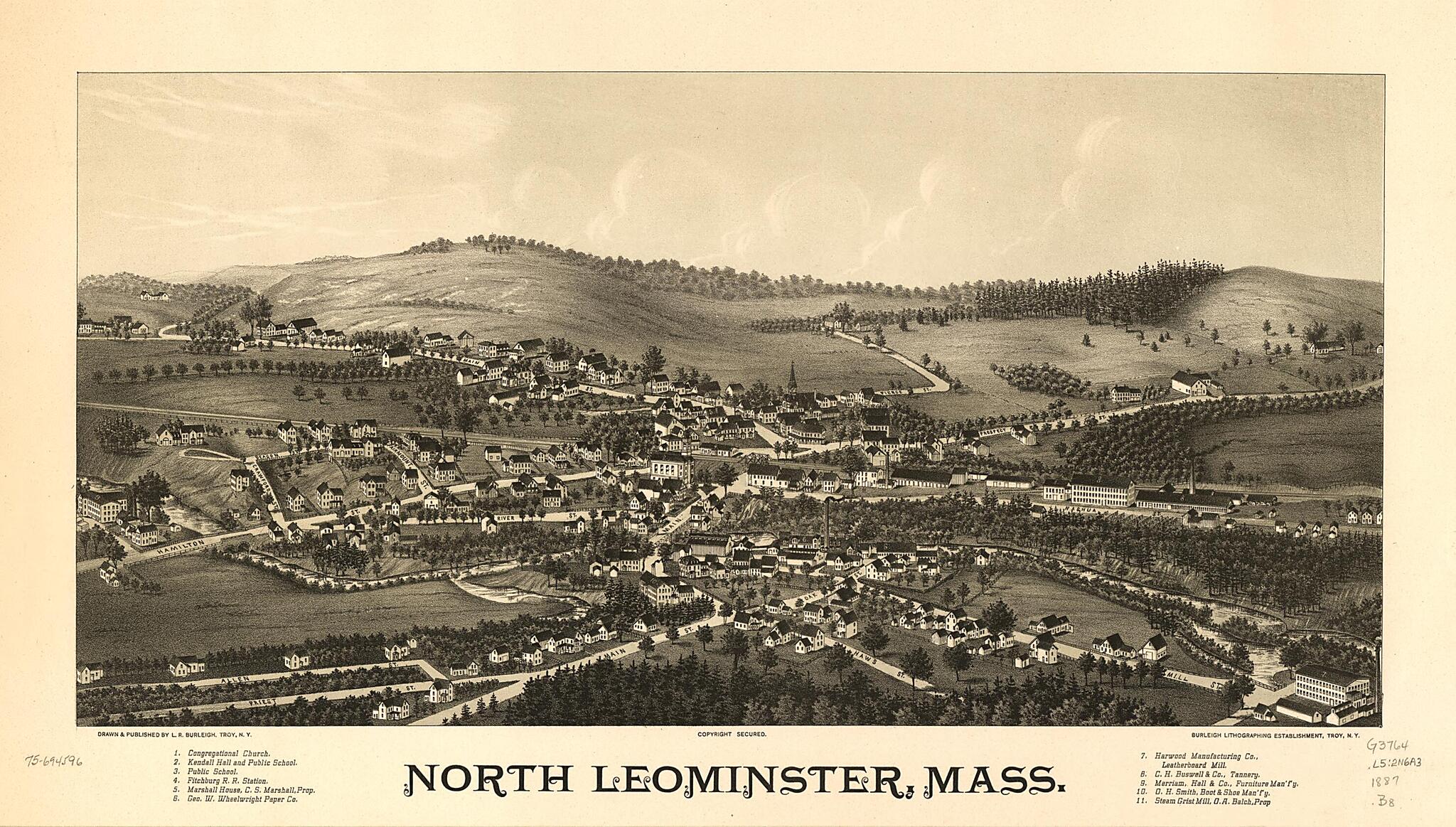 This old map of North Leominster, Massachusetts from 1887 was created by Burleigh Litho, L. R. (Lucien R.) Burleigh in 1887