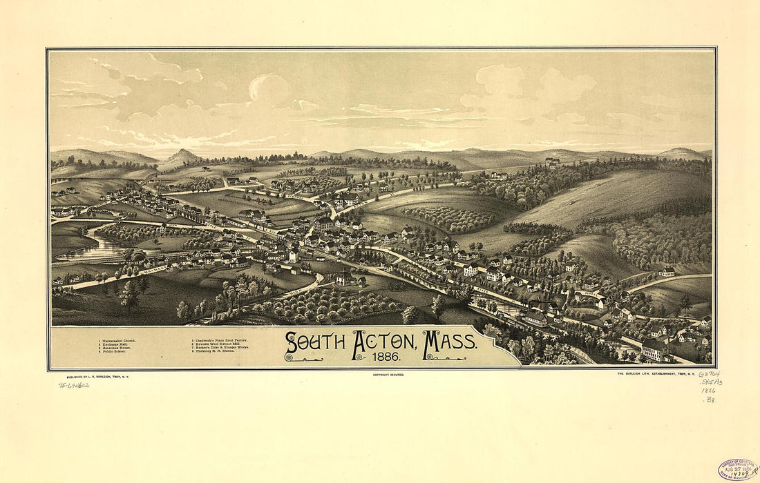 This old map of South Acton, Massachusetts from 1886 was created by Burleigh Litho, L. R. (Lucien R.) Burleigh in 1886