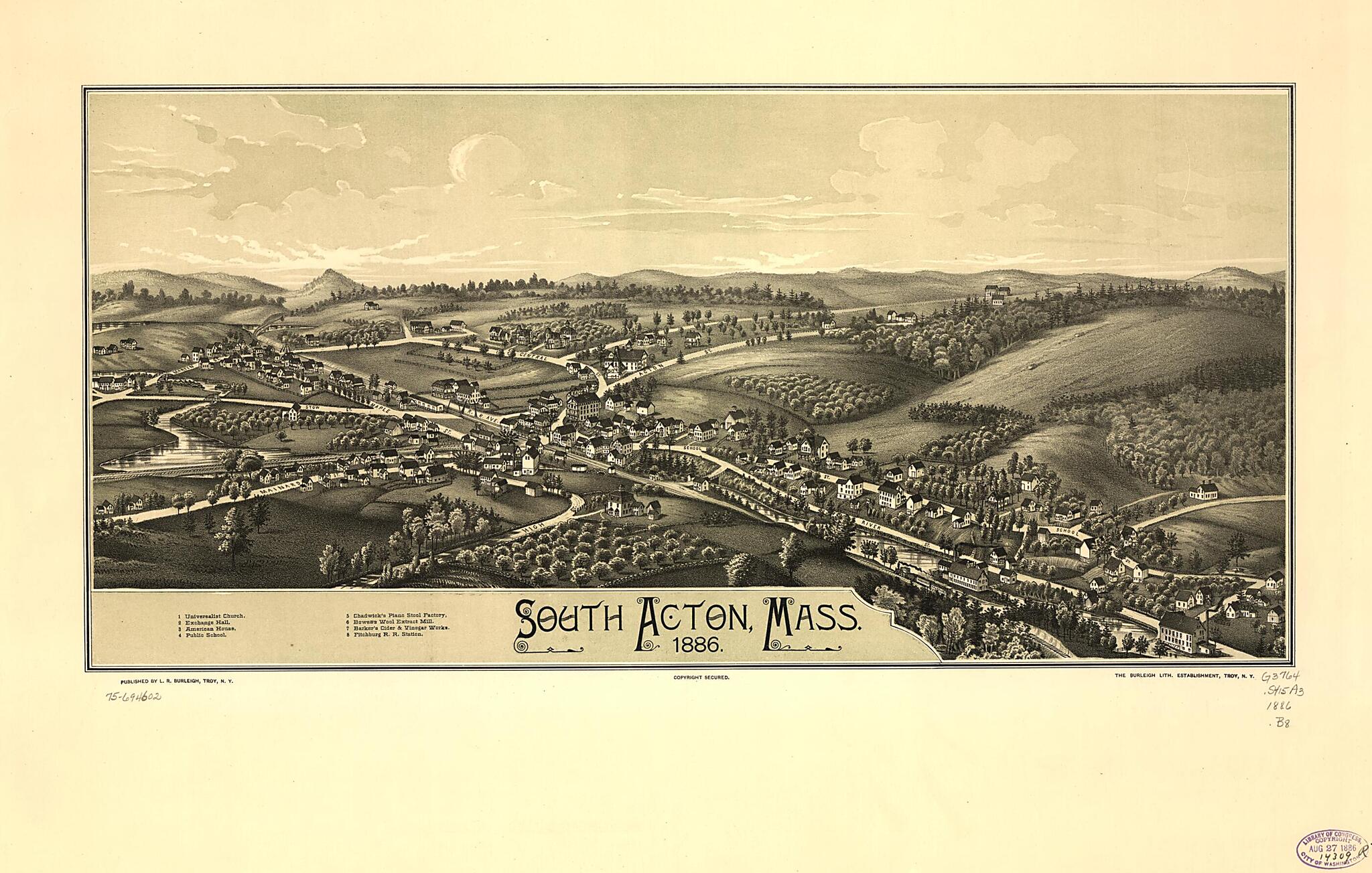 This old map of South Acton, Massachusetts from 1886 was created by Burleigh Litho, L. R. (Lucien R.) Burleigh in 1886