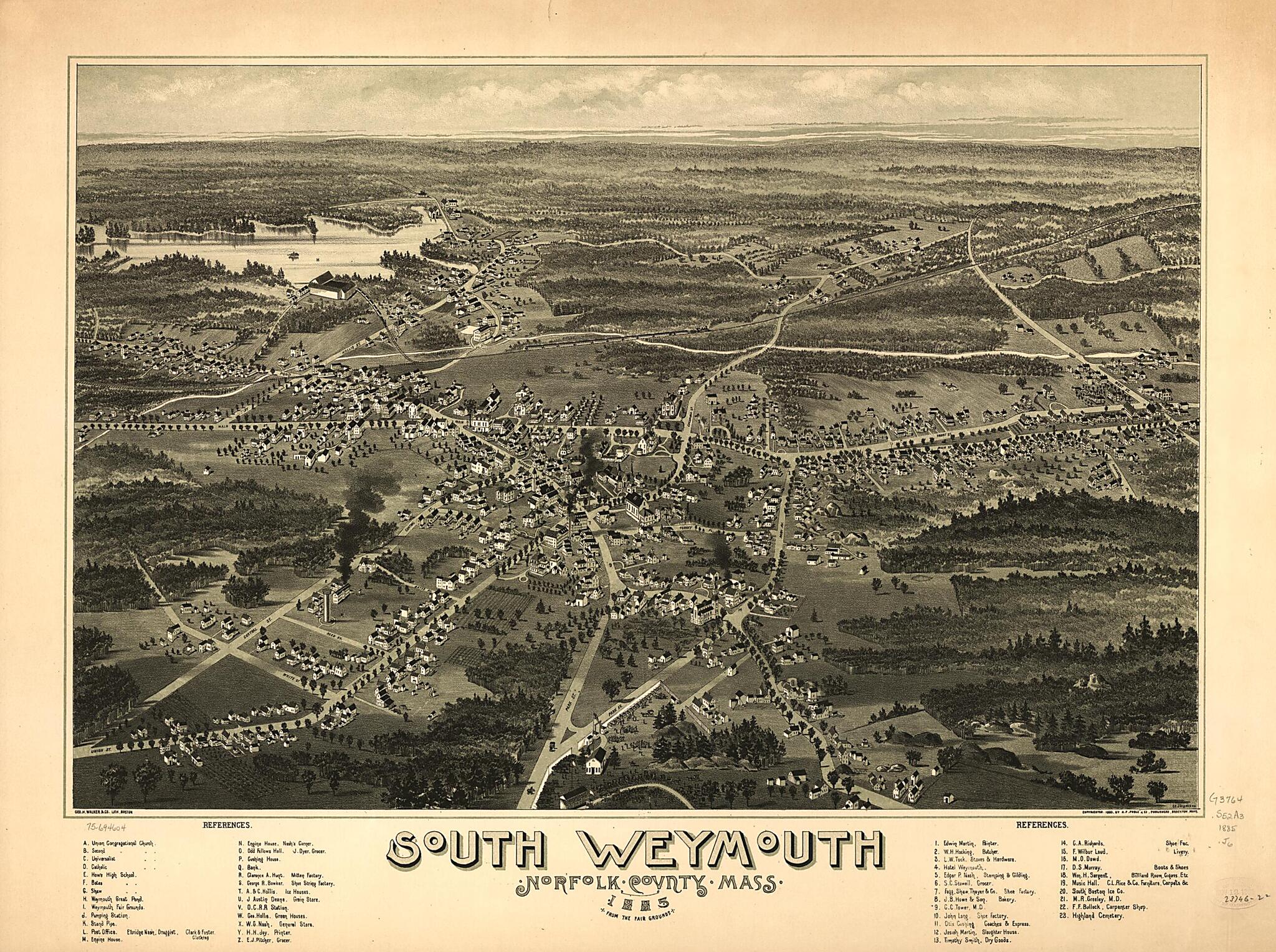This old map of South Weymouth, Norfolk County, Massachusetts from 1885 was created by Geo. H. Walker & Co, C. E. Jörgensen, Poole (A.F.) & Co in 1885