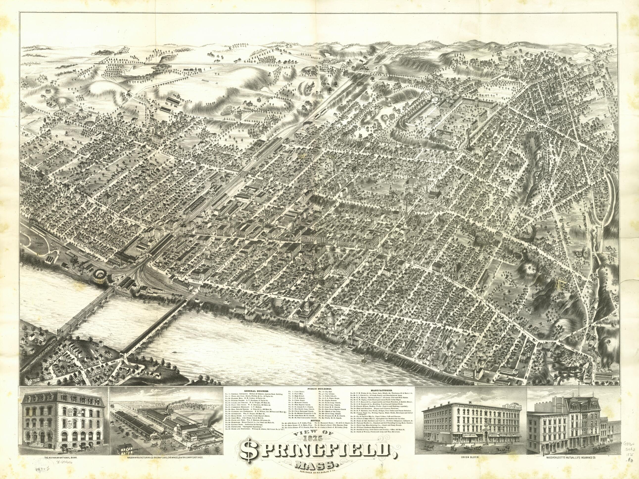 This old map of View of Springfield, Massachusetts from 1875 was created by O.H. Bailey & Co in 1875