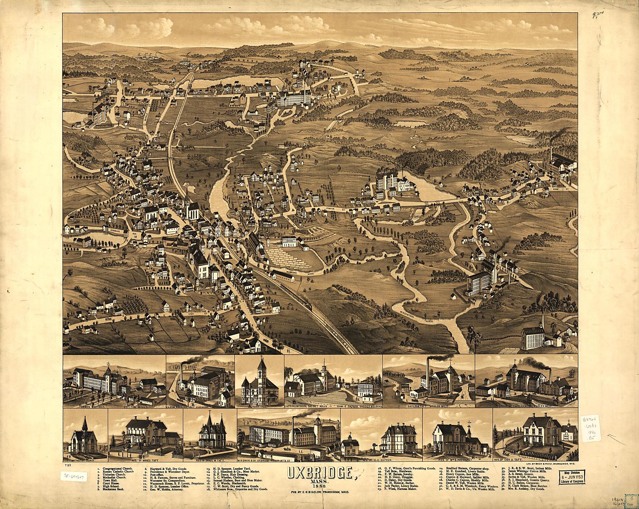 This old map of Uxbridge, Massachusetts from 1880 was created by Beck & Pauli, H. B. Bigelow in 1880