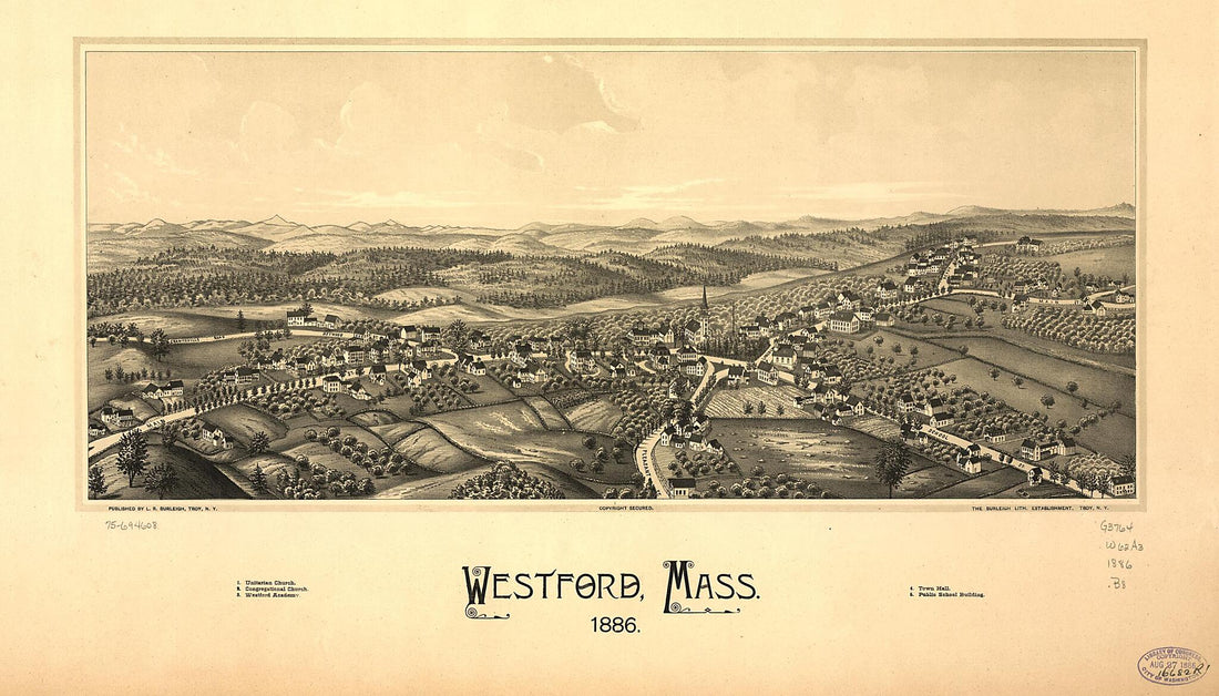 This old map of Westford, Massachusetts from 1886 was created by Burleigh Litho, L. R. (Lucien R.) Burleigh in 1886