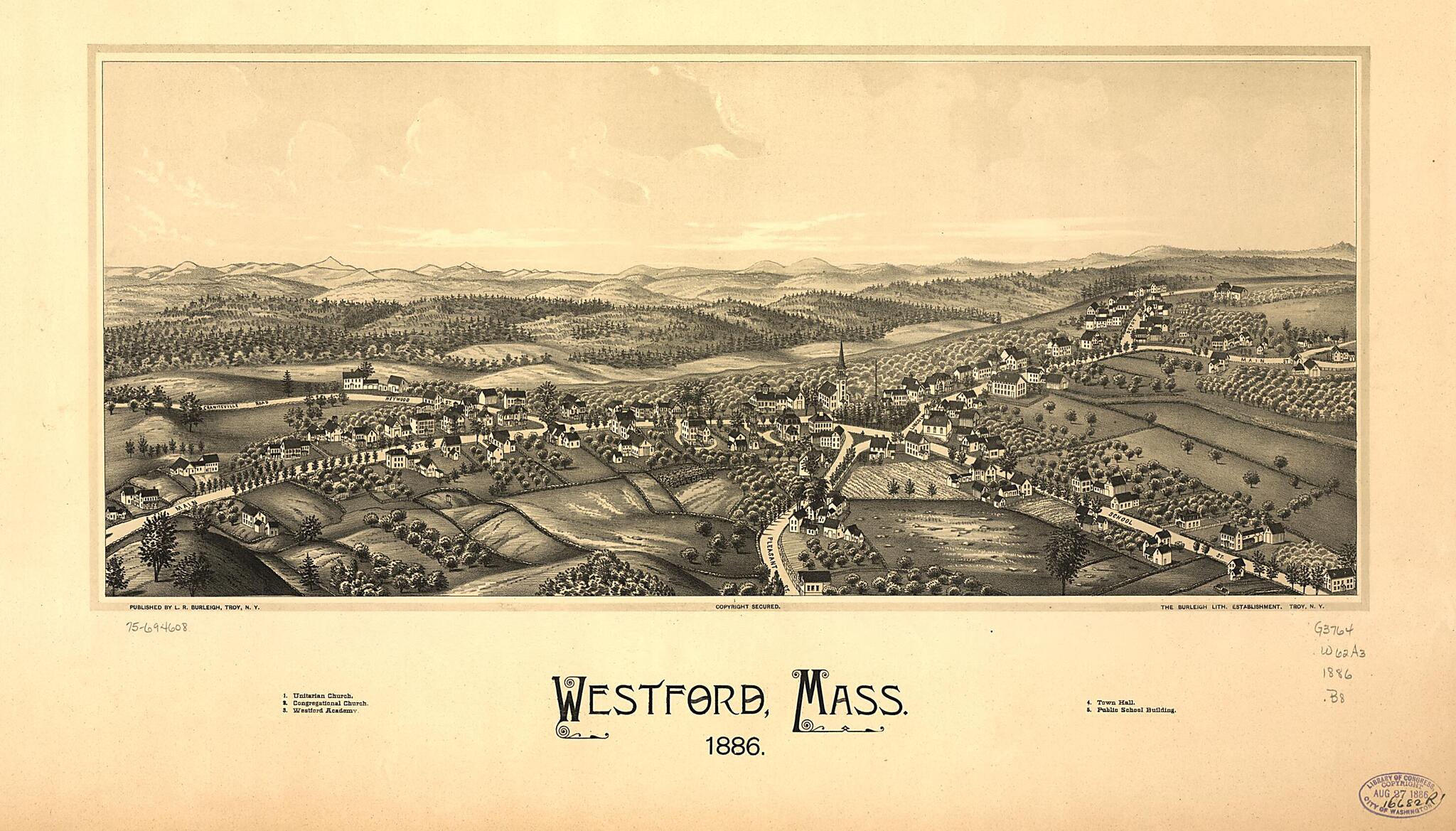 This old map of Westford, Massachusetts from 1886 was created by Burleigh Litho, L. R. (Lucien R.) Burleigh in 1886