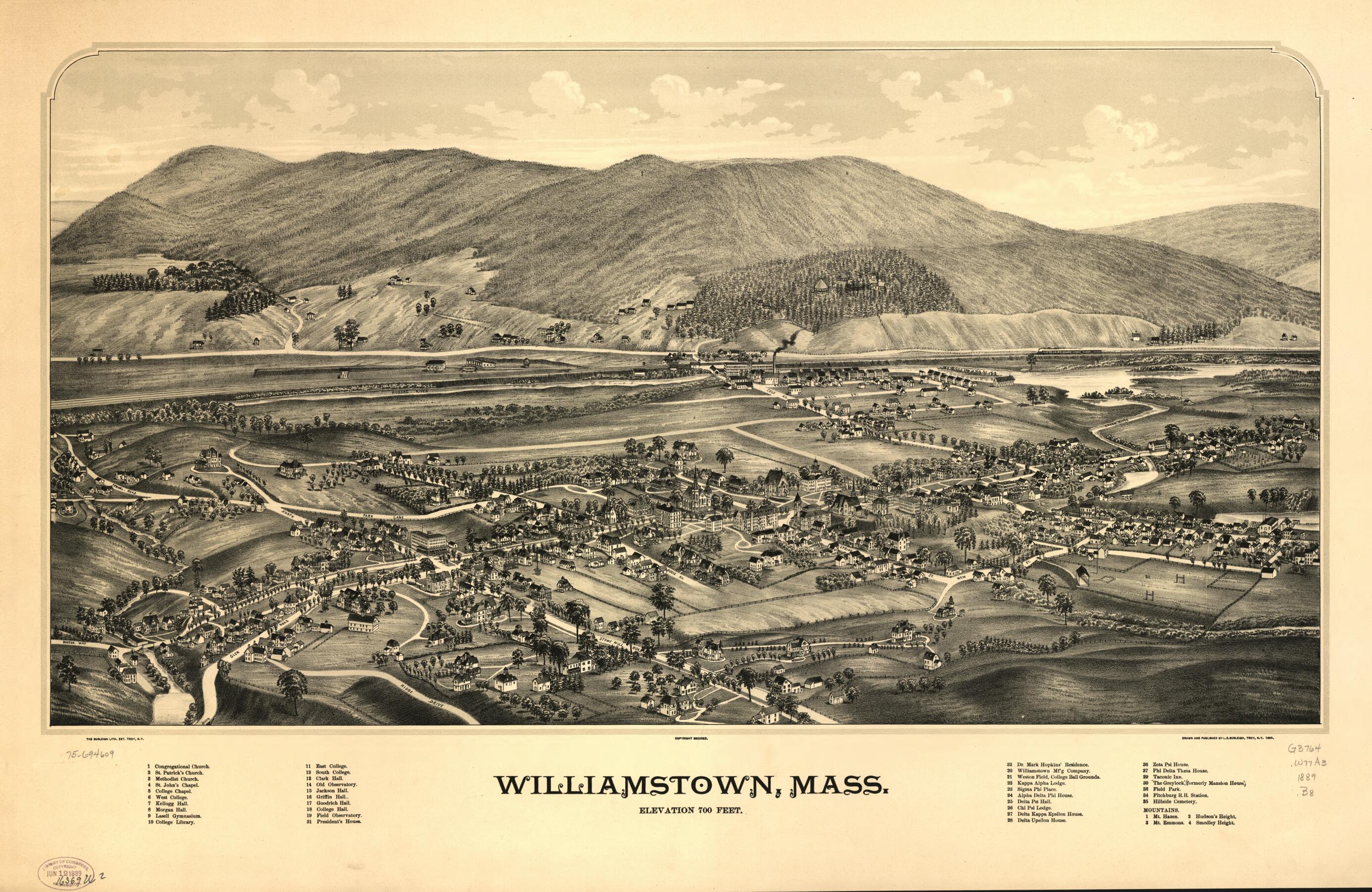 This old map of Williamstown, Massachusetts from 1889 was created by Burleigh Litho, L. R. (Lucien R.) Burleigh in 1889