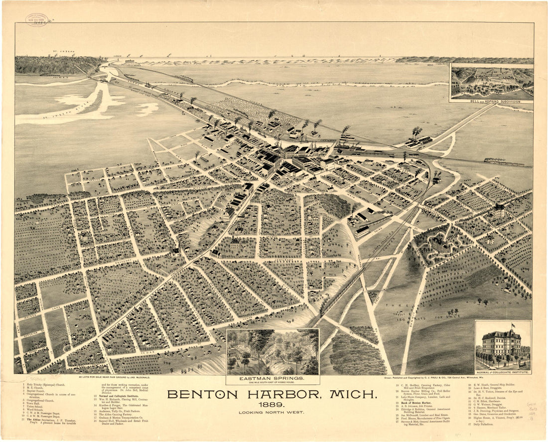 This old map of Benton Harbor, Michigan from 1889 was created by C.J. Pauli & Co in 1889