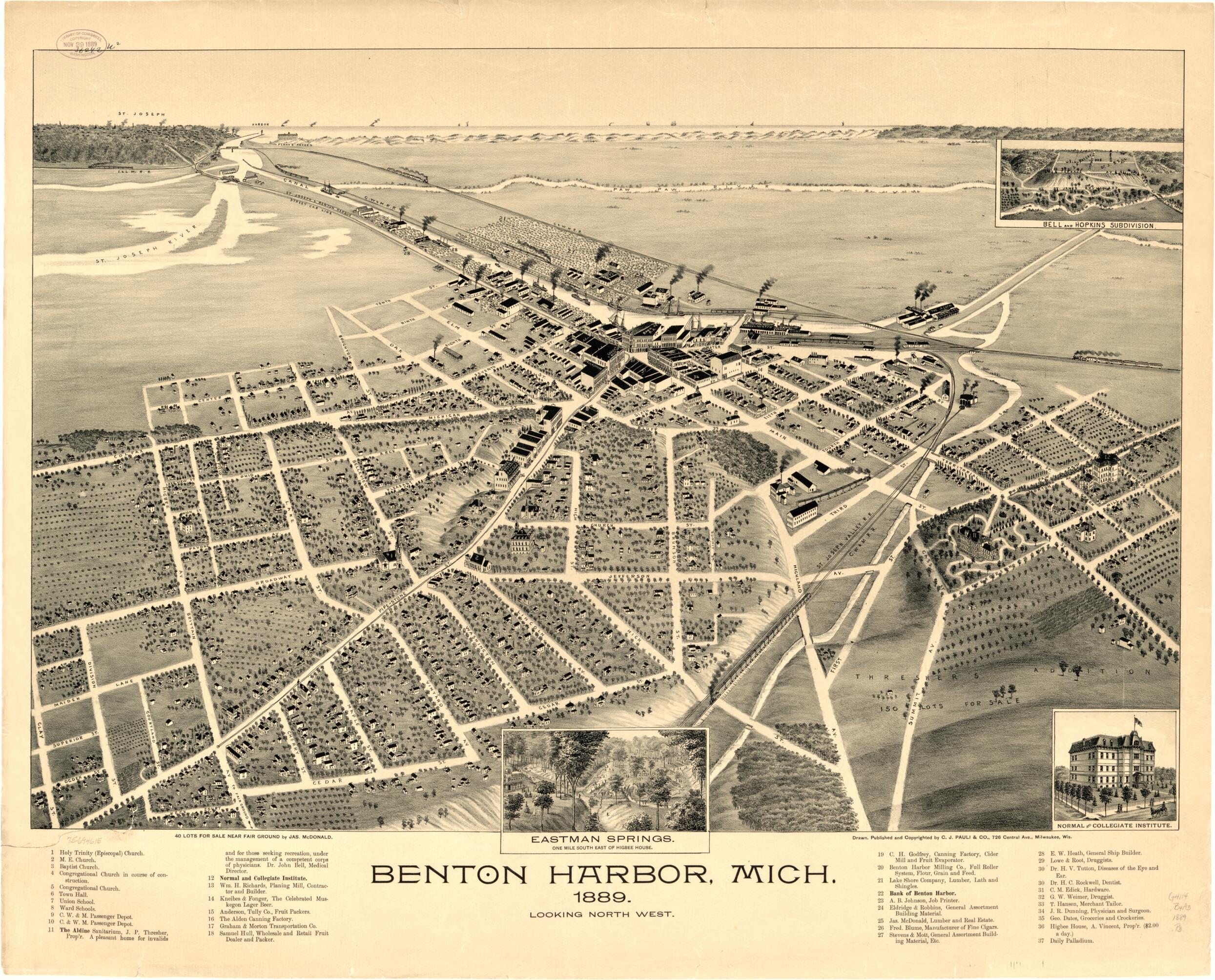 This old map of Benton Harbor, Michigan from 1889 was created by C.J. Pauli & Co in 1889