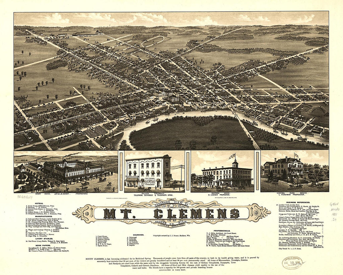 This old map of Panoramic View of Mt. Clemens from 1881, Macomb County, Michigan was created by Beck & Pauli, J. J. Stoner in 1881