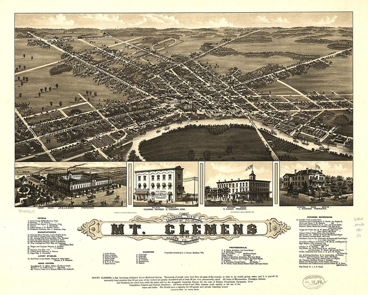 Panoramic View of Mt. Clemens 1881, Macomb County, Michigan by Relic Map Company