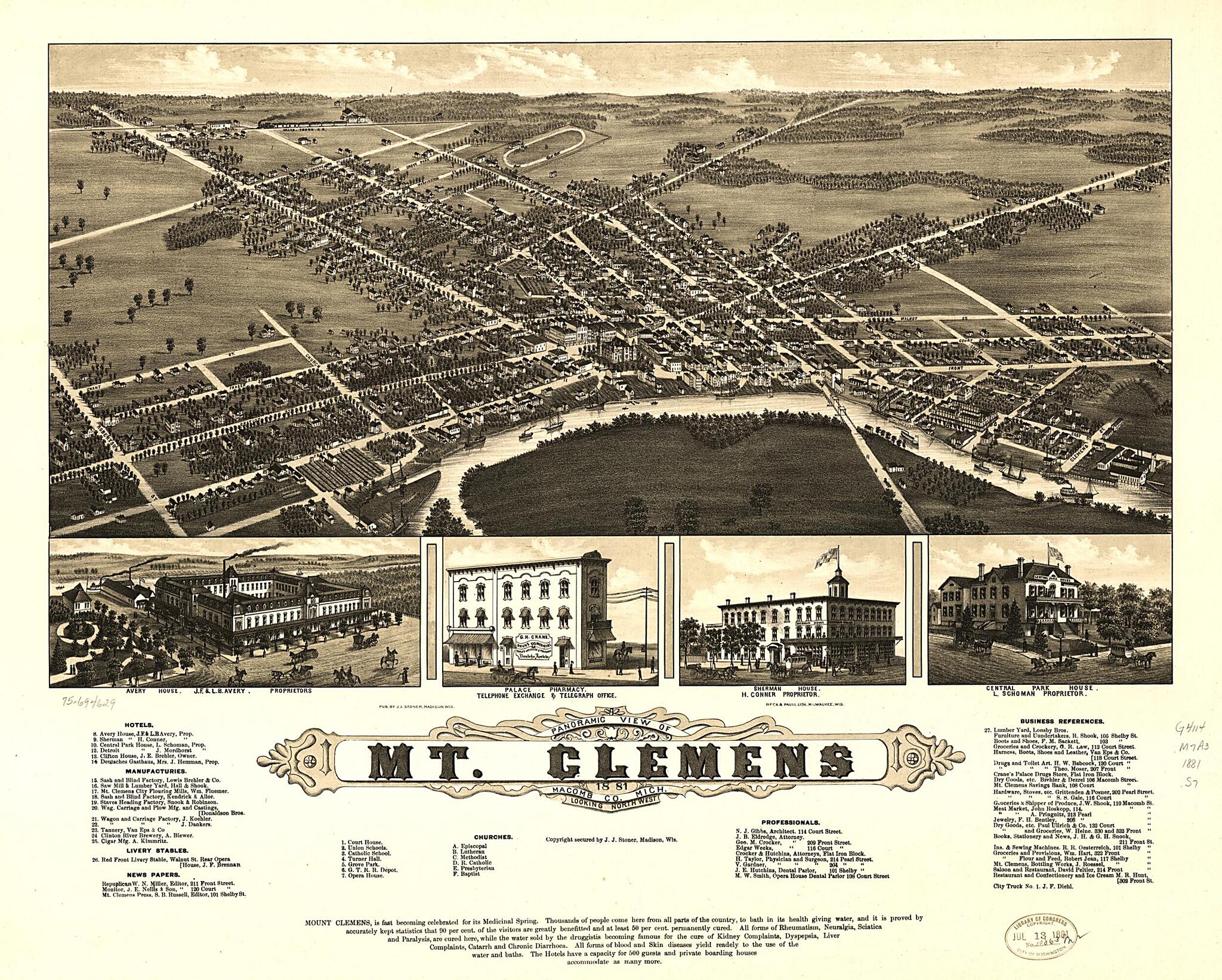 This old map of Panoramic View of Mt. Clemens from 1881, Macomb County, Michigan was created by Beck & Pauli, J. J. Stoner in 1881