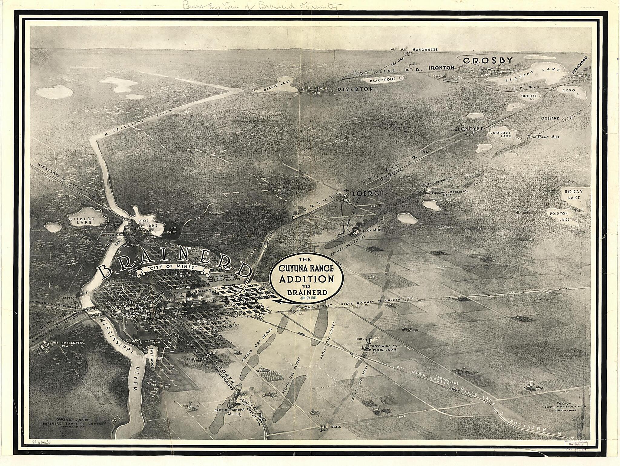 This old map of Brainerd, City of Mines. from 1914 was created by Brainerd Townsite Company, Engraving Co, Arthur G. McCoy in 1914