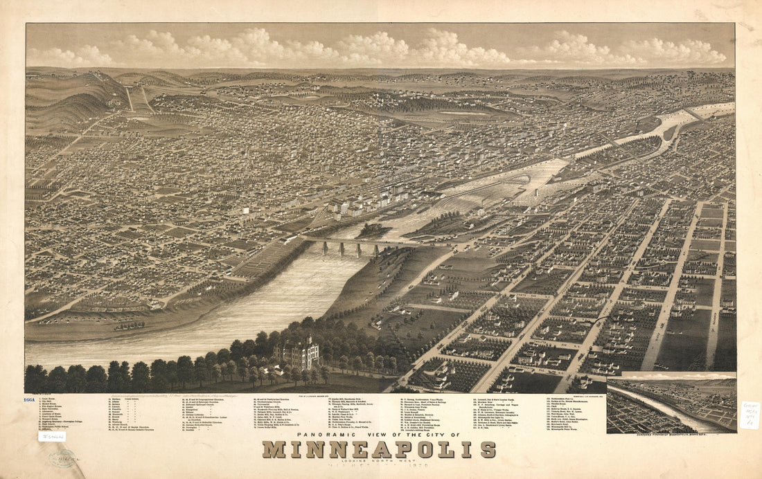 This old map of Panoramic View of the City of Minneapolis, Minnesota, from 1879 was created by Beck & Pauli, A. Ruger, J. J. Stoner in 1879