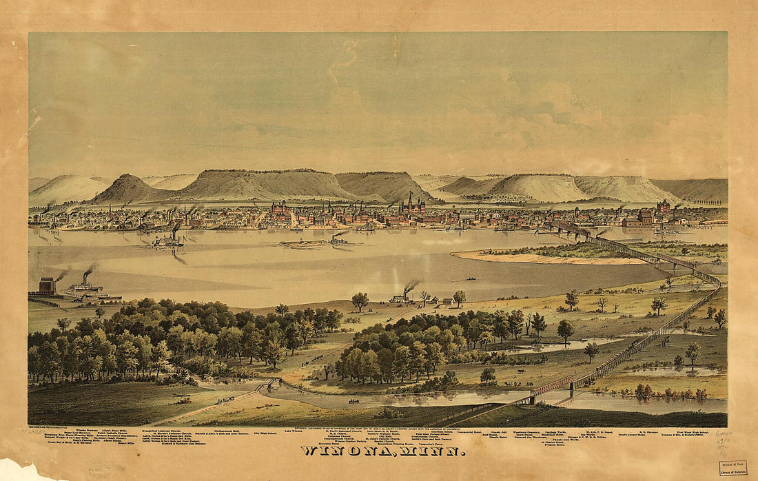 This old map of Winona, Minnesota from 1874 was created by Charles Shober & Co, Chicago Lithographing Co, Geo. H. Ellsbury, Vernon Green in 1874