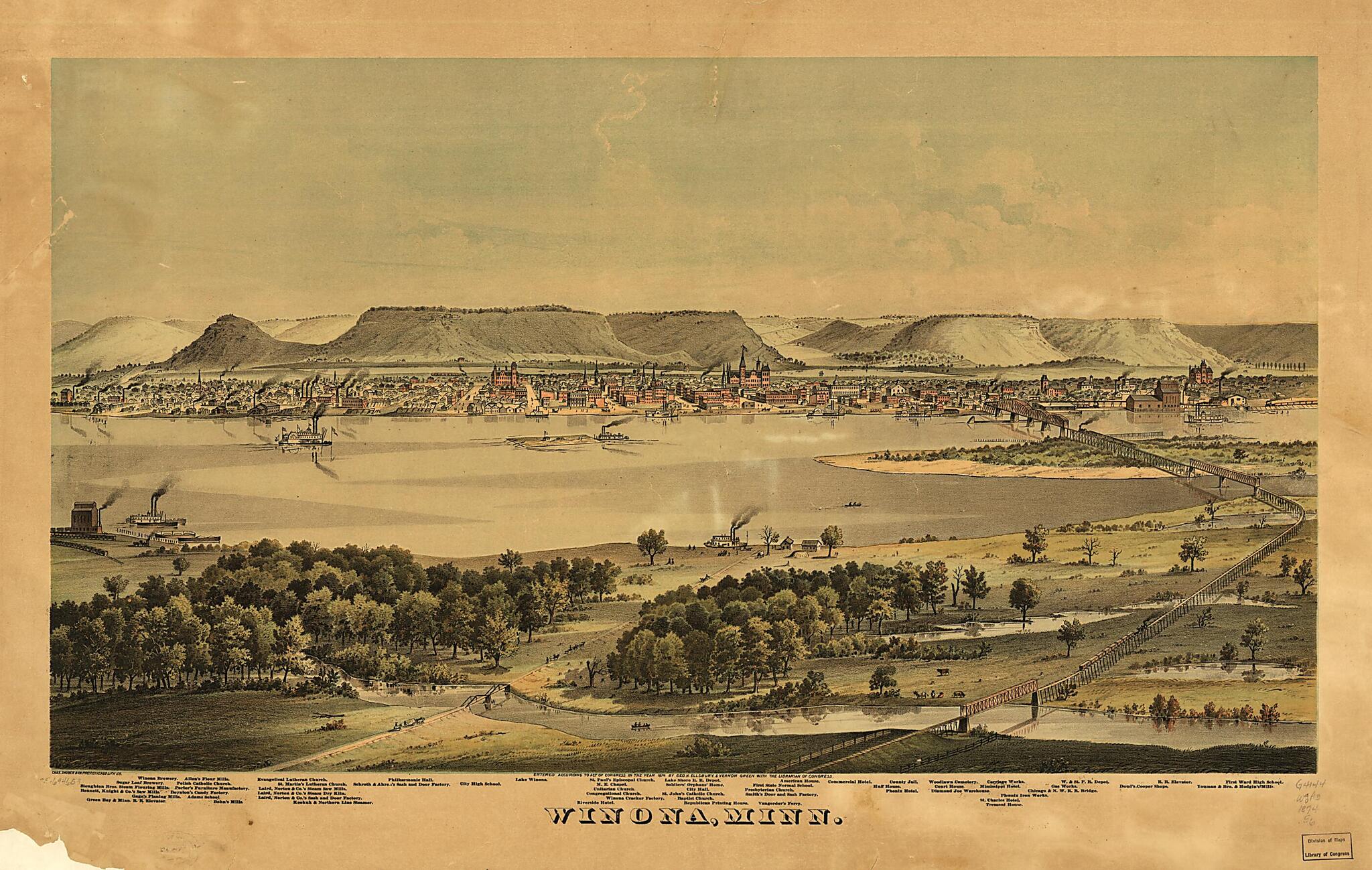 This old map of Winona, Minnesota from 1874 was created by Charles Shober & Co, Chicago Lithographing Co, Geo. H. Ellsbury, Vernon Green in 1874