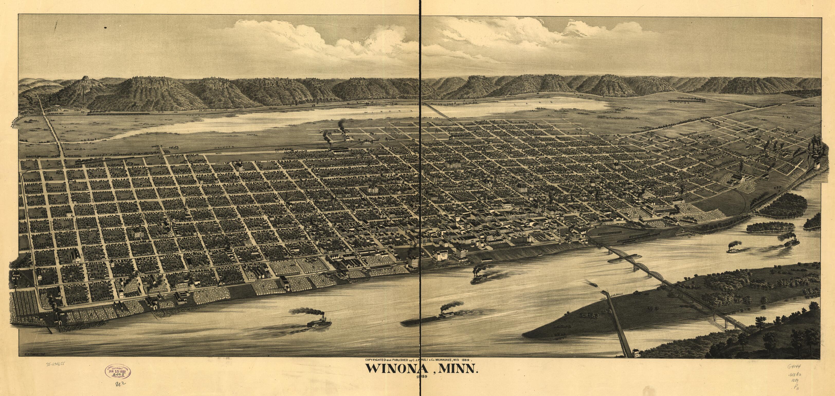 This old map of Winona, Minnesota from 1889 was created by C.J. Pauli & Co, C. J. Pauli in 1889