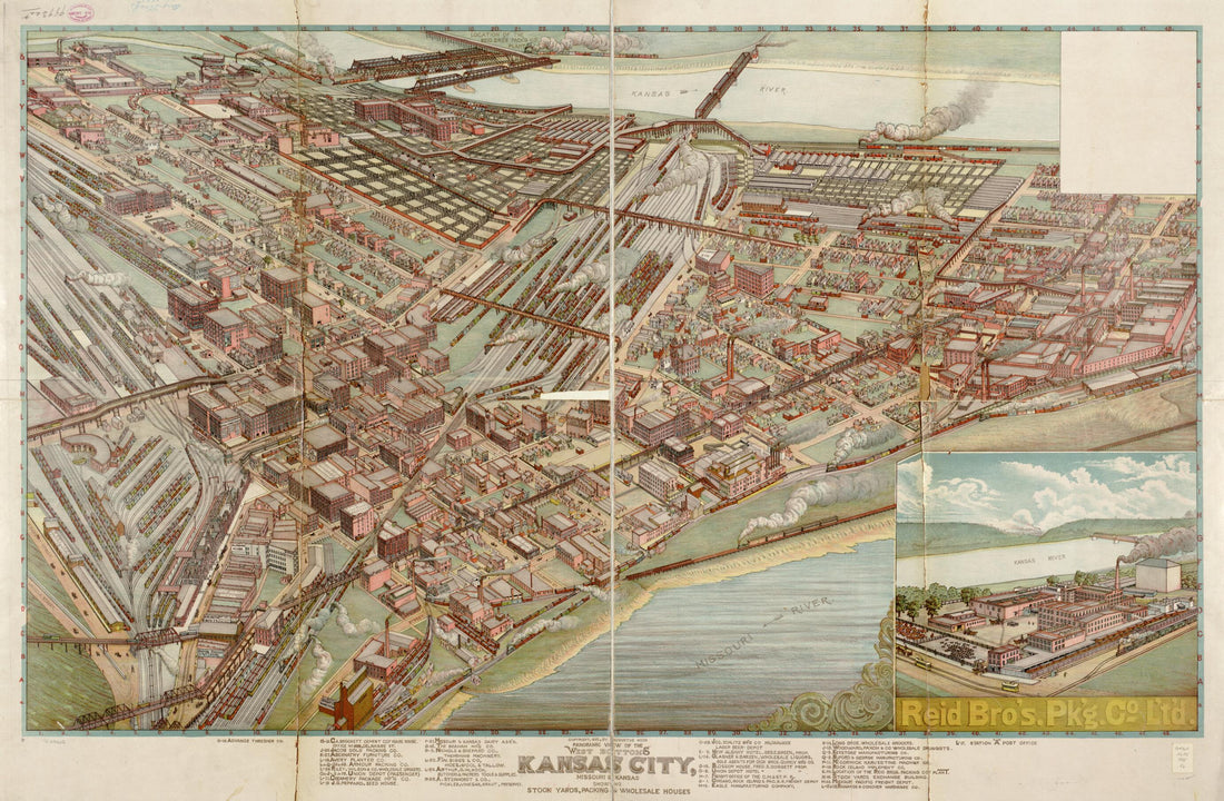 This old map of Panoramic View of the West Bottoms, Kansas City, Missouri & Kansas Showing Stock Yards, Packing & Wholesale Houses from 1895 was created by Augustus Koch in 1895