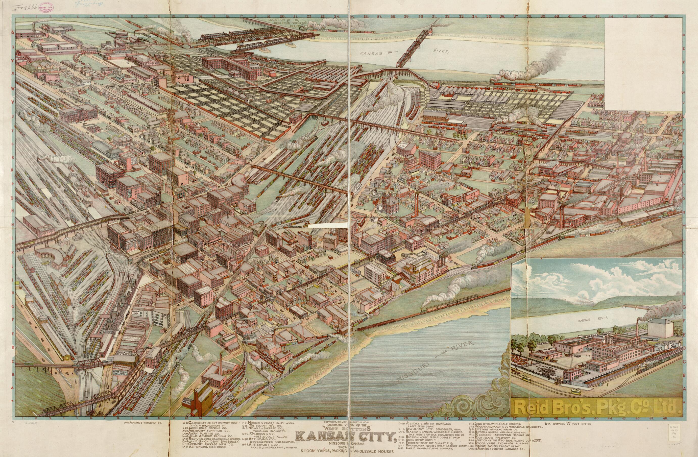 This old map of Panoramic View of the West Bottoms, Kansas City, Missouri & Kansas Showing Stock Yards, Packing & Wholesale Houses from 1895 was created by Augustus Koch in 1895