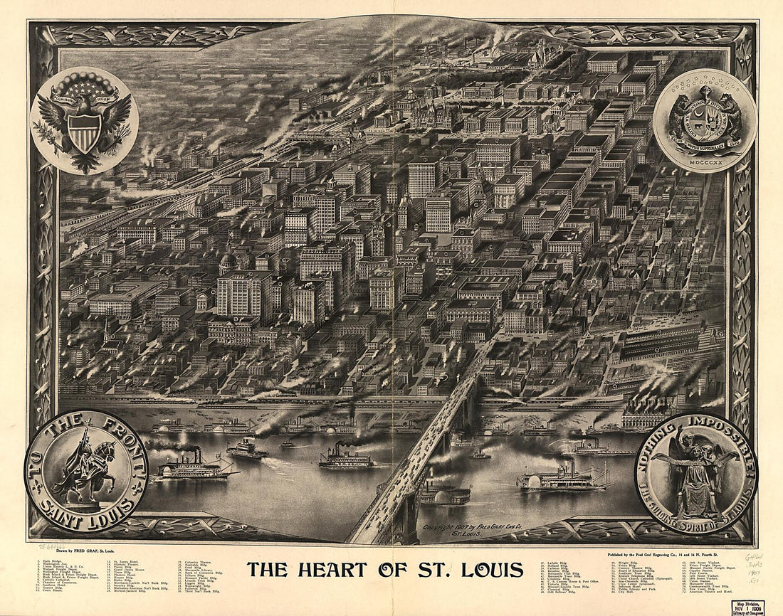 This old map of The Heart of St. Louis from 1907 was created by Fred Graf Engraving Co, Fred Graf in 1907