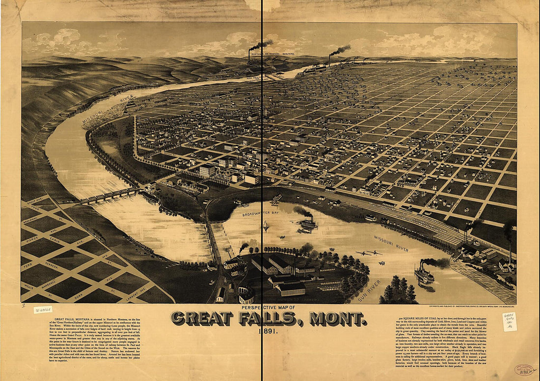 This old map of Perspective Map of Great Falls, Mont. from 1891 was created by Wis.) American Publishing Co. (Milwaukee in 1891