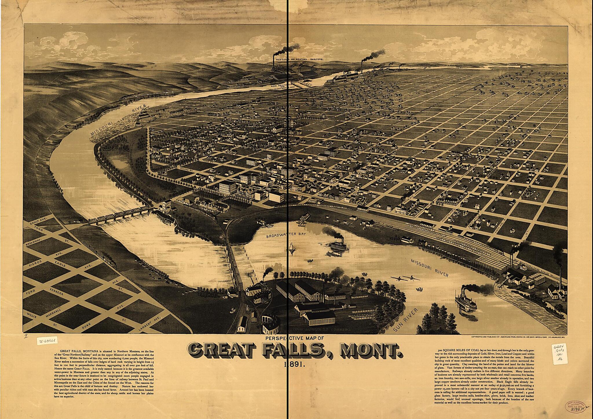 This old map of Perspective Map of Great Falls, Mont. from 1891 was created by Wis.) American Publishing Co. (Milwaukee in 1891