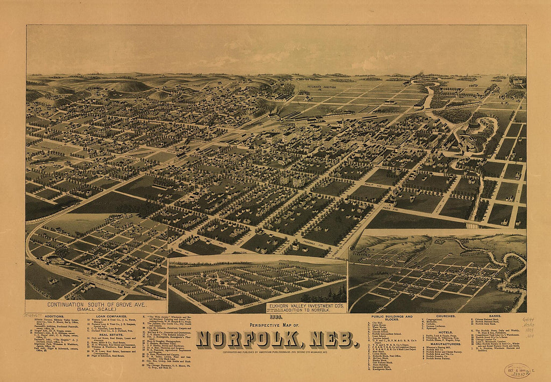 This old map of Perspective Map of Norfolk, Neb from 1889 was created by Wis.) American Publishing Co. (Milwaukee, H. (Henry) Wellge in 1889