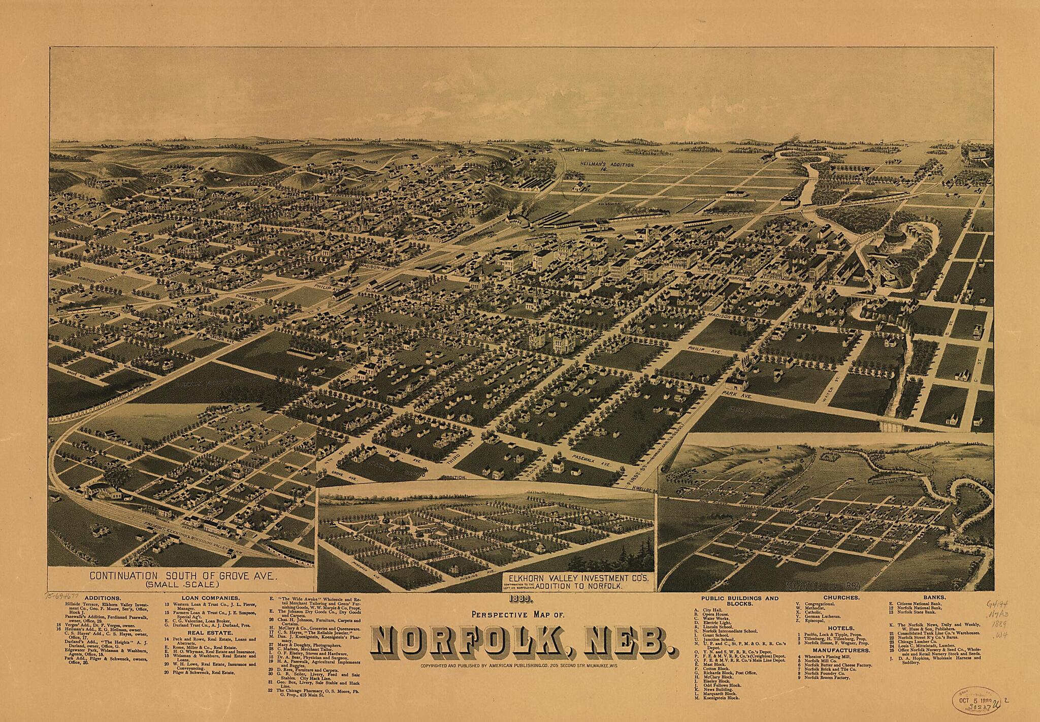 This old map of Perspective Map of Norfolk, Neb from 1889 was created by Wis.) American Publishing Co. (Milwaukee, H. (Henry) Wellge in 1889