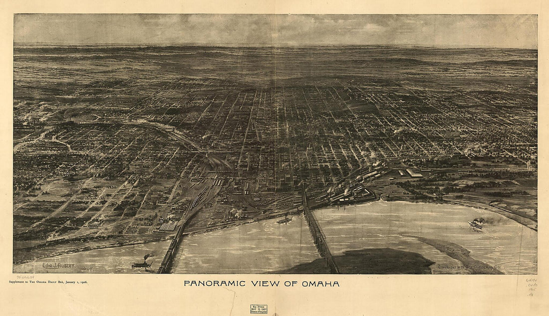 This old map of Panoramic View of Omaha from 1905 was created by Edward J. Austen, Jefferson Bee Publishing Company in 1905