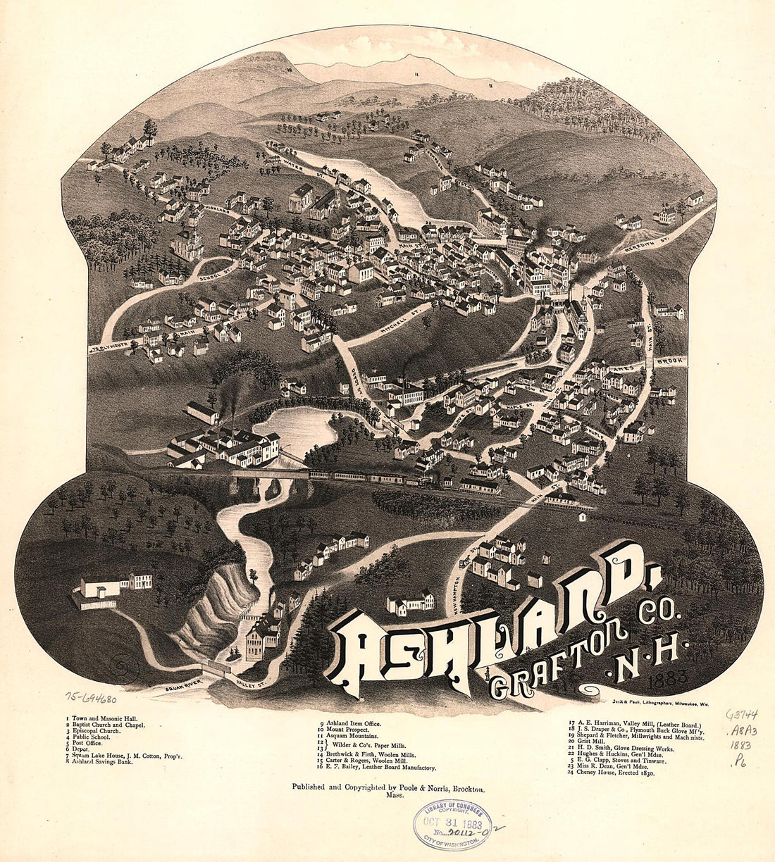 This old map of Ashland, Grafton County, New Hampshire from 1883 was created by Beck & Pauli, Poole & Norris in 1883