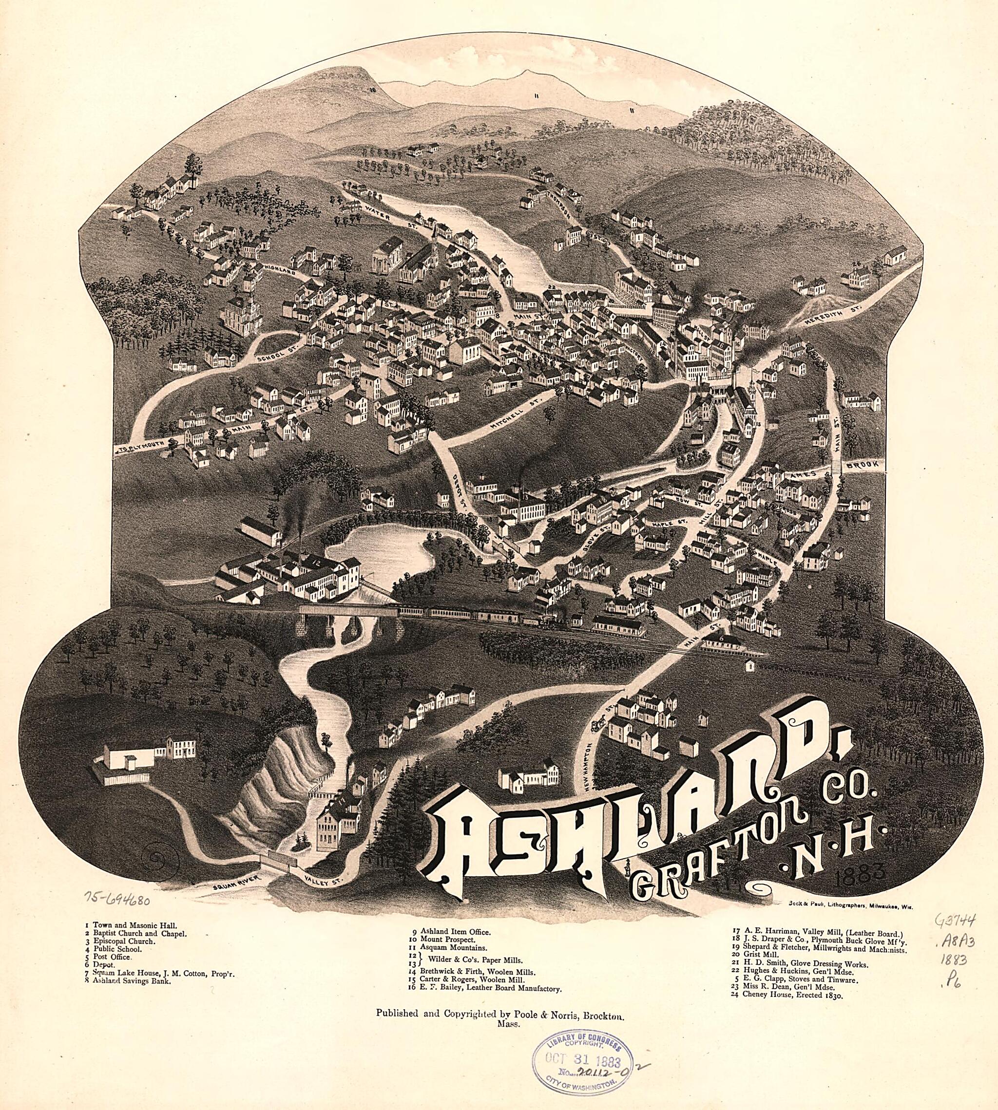 This old map of Ashland, Grafton County, New Hampshire from 1883 was created by Beck & Pauli, Poole & Norris in 1883