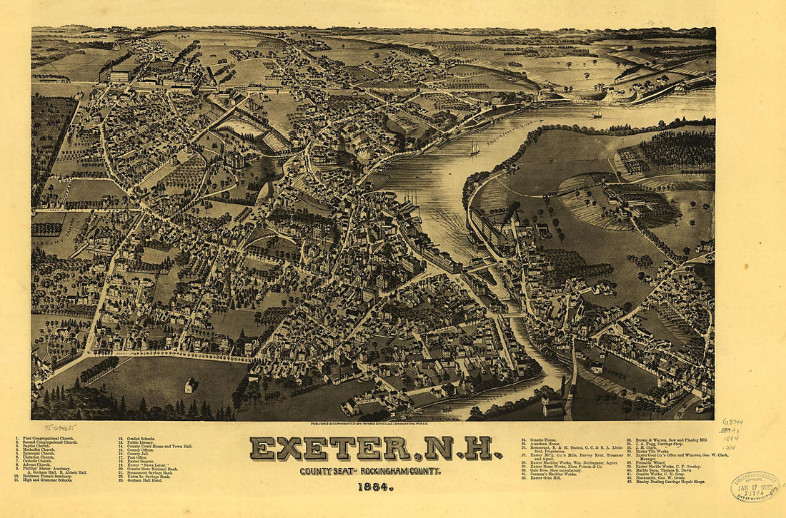 This old map of Exeter, New Hampshire, County Seat of Rockingham County, from 1884 was created by Norris & Wellge, H. (Henry) Wellge in 1884