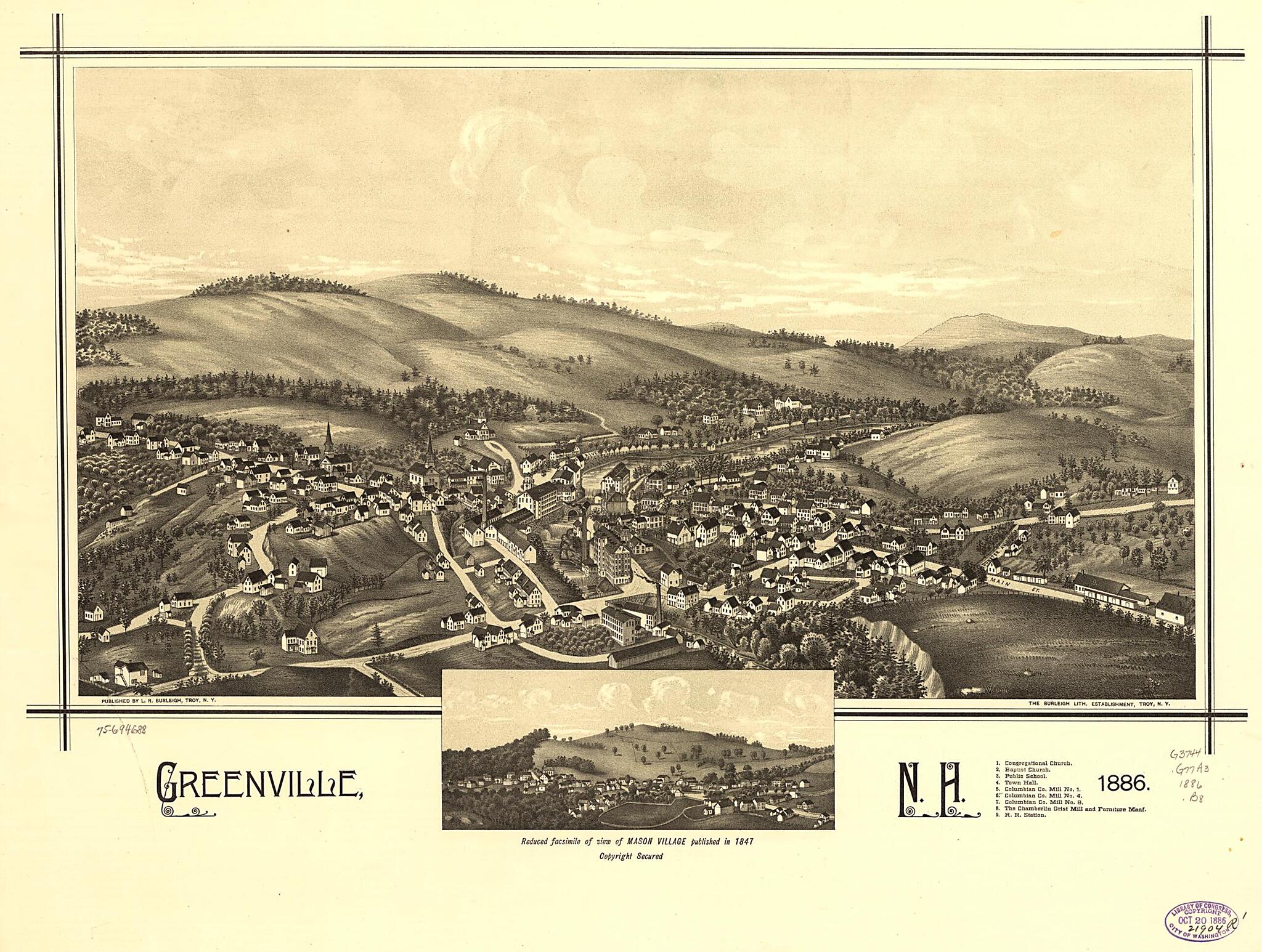 This old map of Greenville, New Hampshire from 1886 was created by Burleigh Litho, L. R. (Lucien R.) Burleigh in 1886