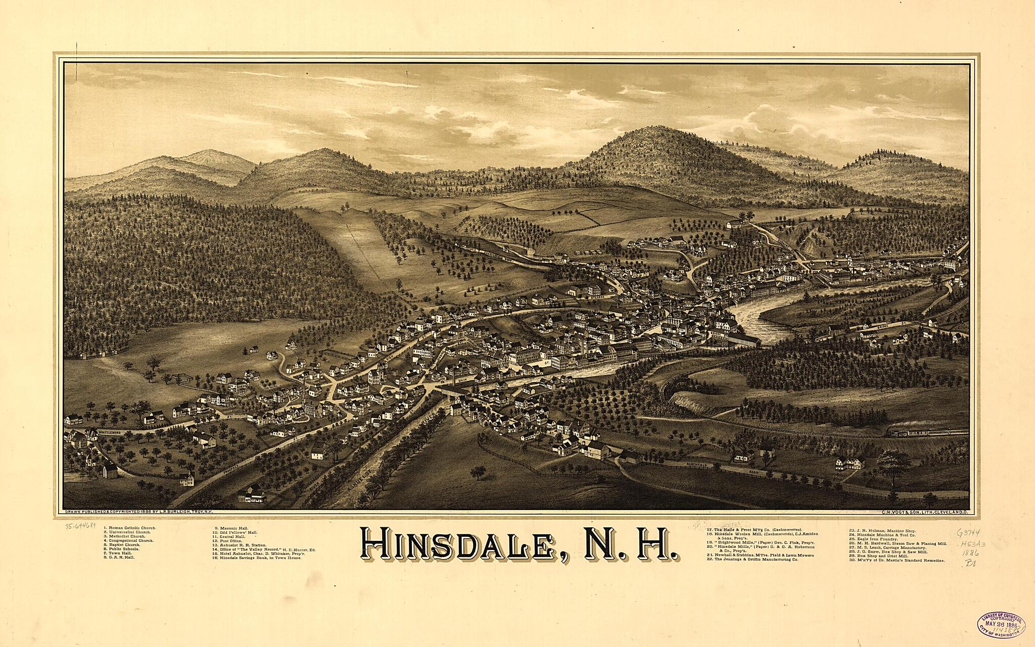 This old map of Hinsdale, New Hampshire from 1886 was created by L. R. (Lucien R.) Burleigh, C.H. Vogt & Son in 1886