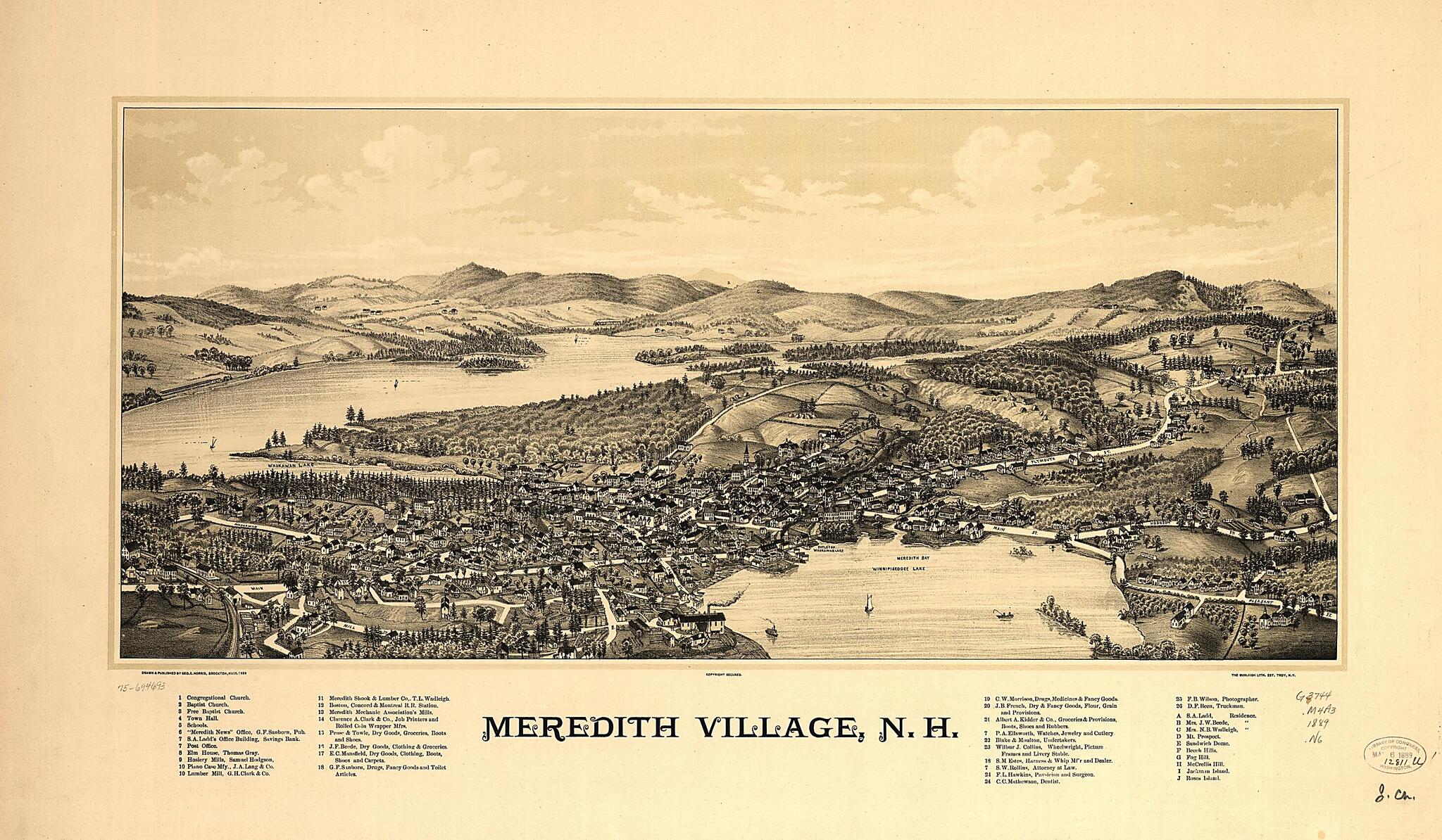 This old map of Meredith Village, New Hampshire from 1889 was created by Burleigh Litho, George E. Norris in 1889