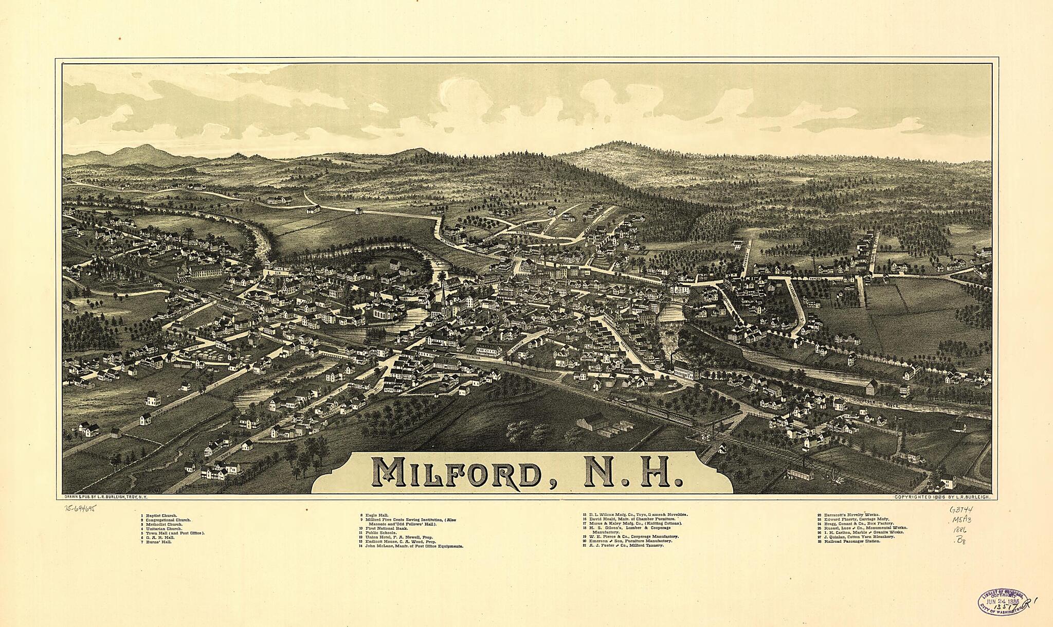 This old map of Milford, New Hampshire from 1886 was created by L. R. (Lucien R.) Burleigh, C.H. Vogt (Firm) in 1886