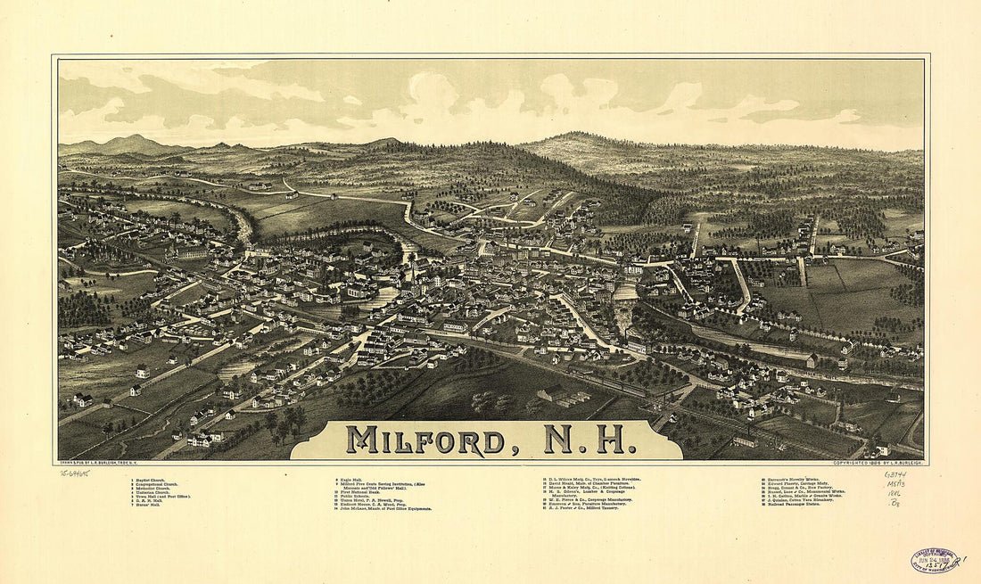 This old map of Milford, New Hampshire from 1886 was created by L. R. (Lucien R.) Burleigh, C.H. Vogt (Firm) in 1886