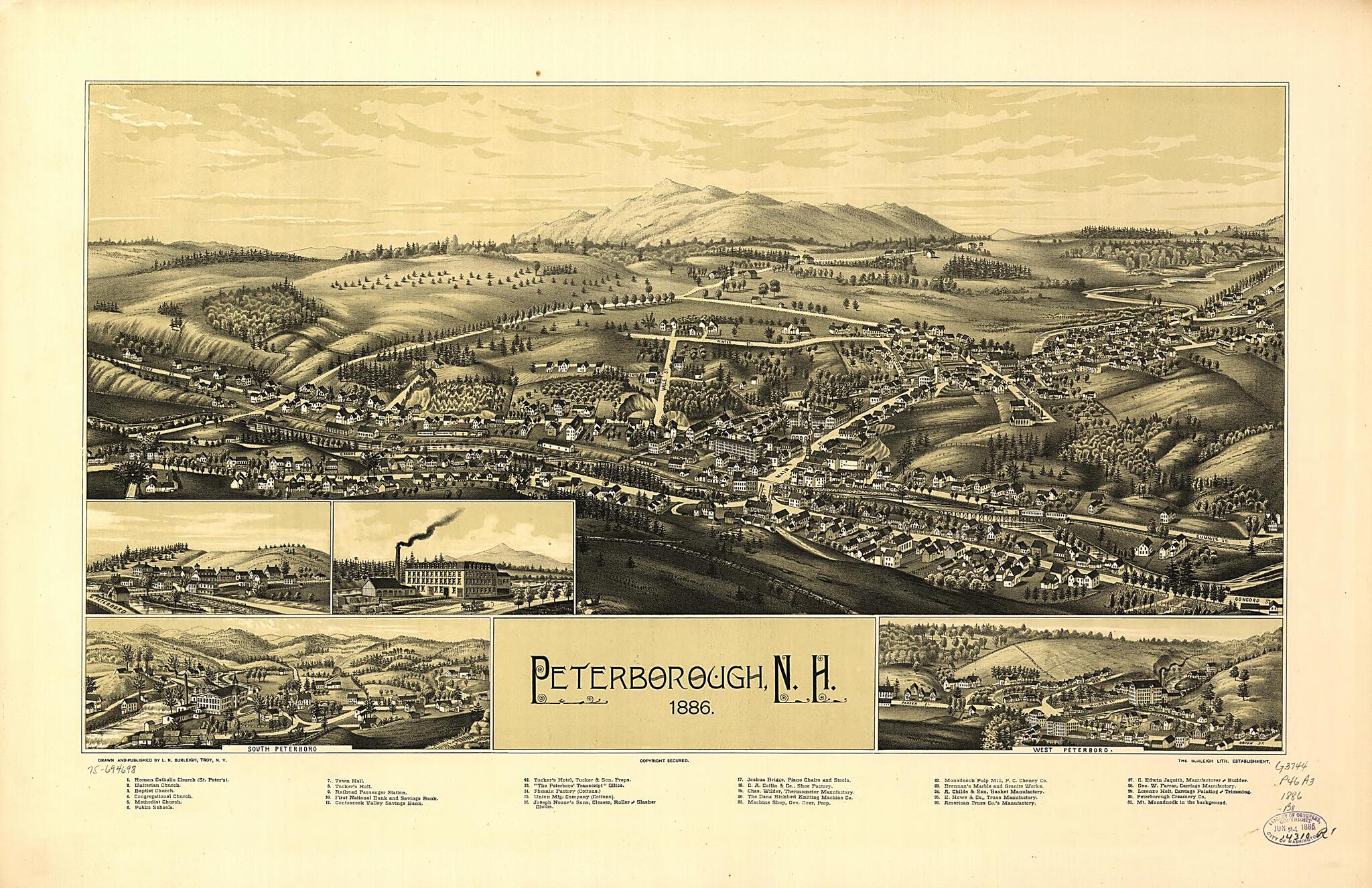 This old map of Peterborough, New Hampshire from 1886 was created by Burleigh Litho, L. R. (Lucien R.) Burleigh in 1886