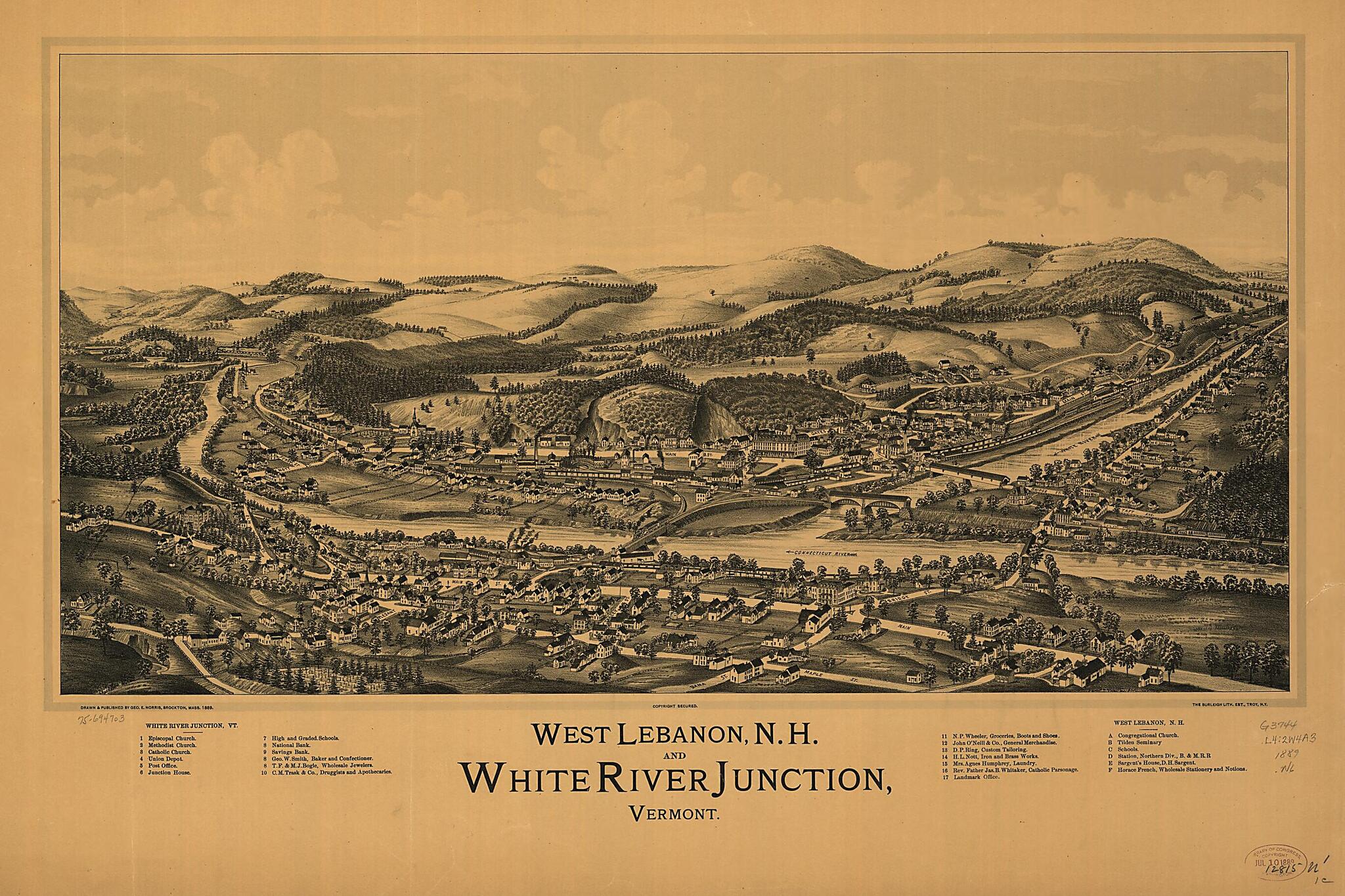 This old map of West Lebanon, New Hampshire, and White River Junction, Vermont from 1889 was created by Burleigh Litho, George E. Norris in 1889