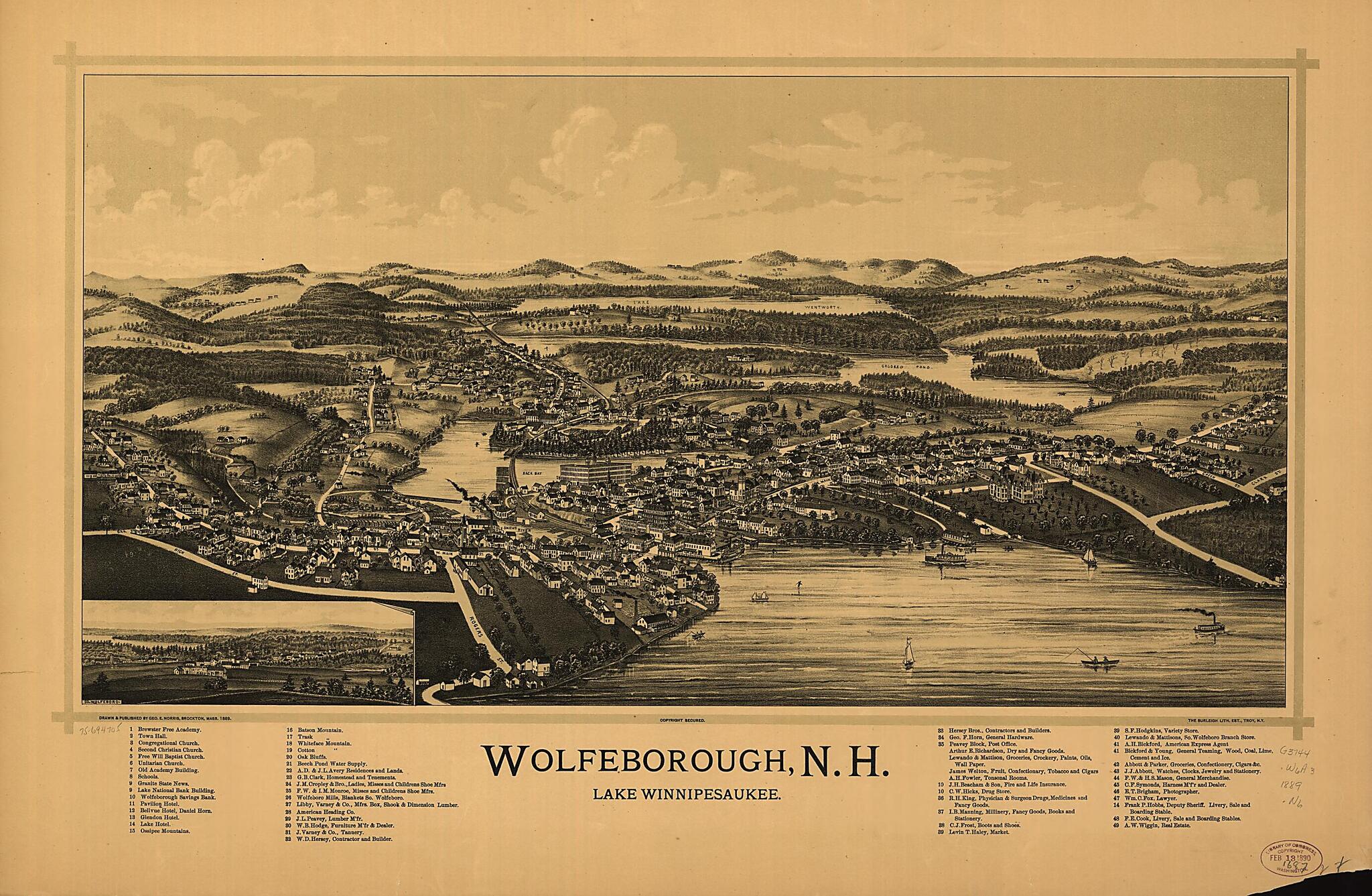 This old map of Wolfeborough, New Hampshire, Lake Winnipesaukee from 1889 was created by Burleigh Litho, George E. Norris in 1889