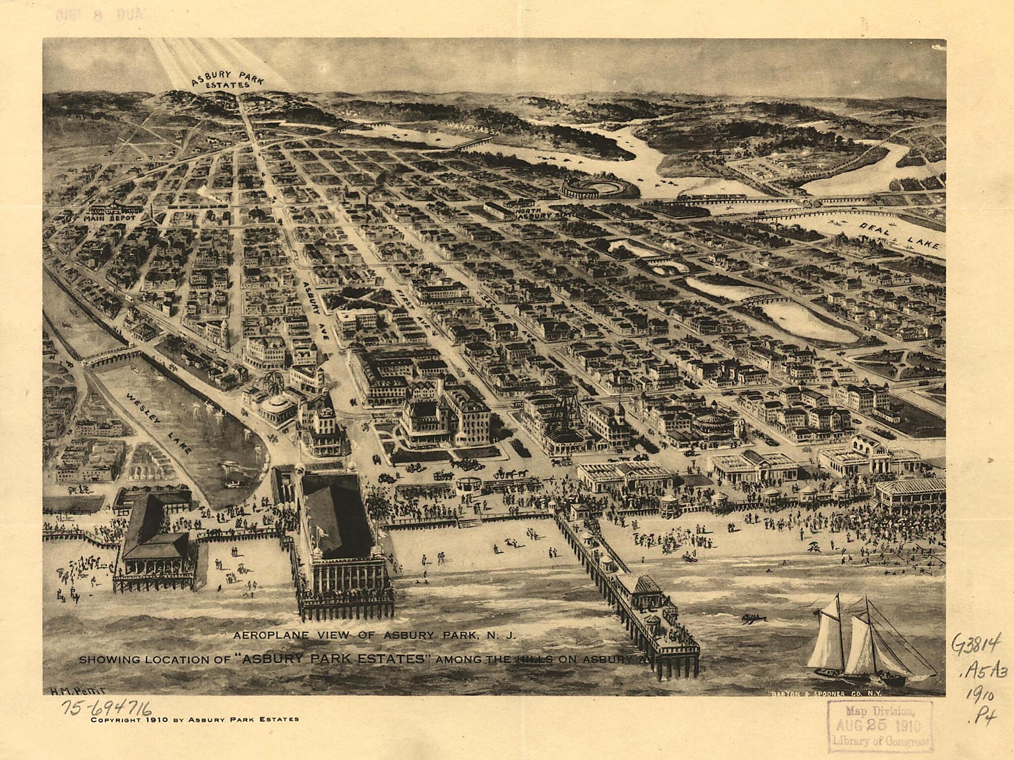 This old map of Aeroplane View of Asbury Park, New Jersey Showing Location of Asbury Park Estates Among the Hills On Asbury Ave from 1910 was created by Asbury Park Estates (Firm), Barton & Spooner Co, H. M. Pettit in 1910