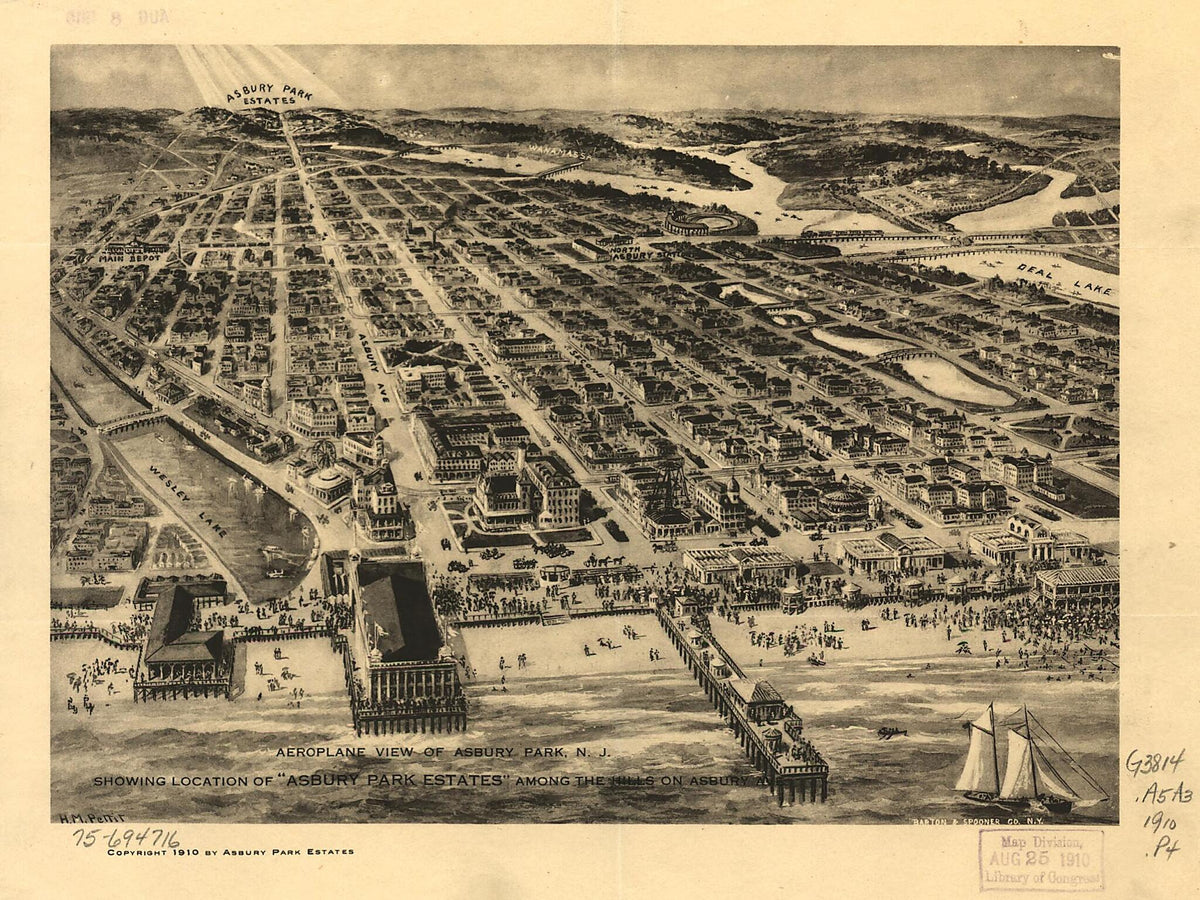 Aeroplane View of Asbury Park, New Jersey Showing Location of Asbury Park Estates Among the Hills On Asbury Ave 1910 by Relic Map Company