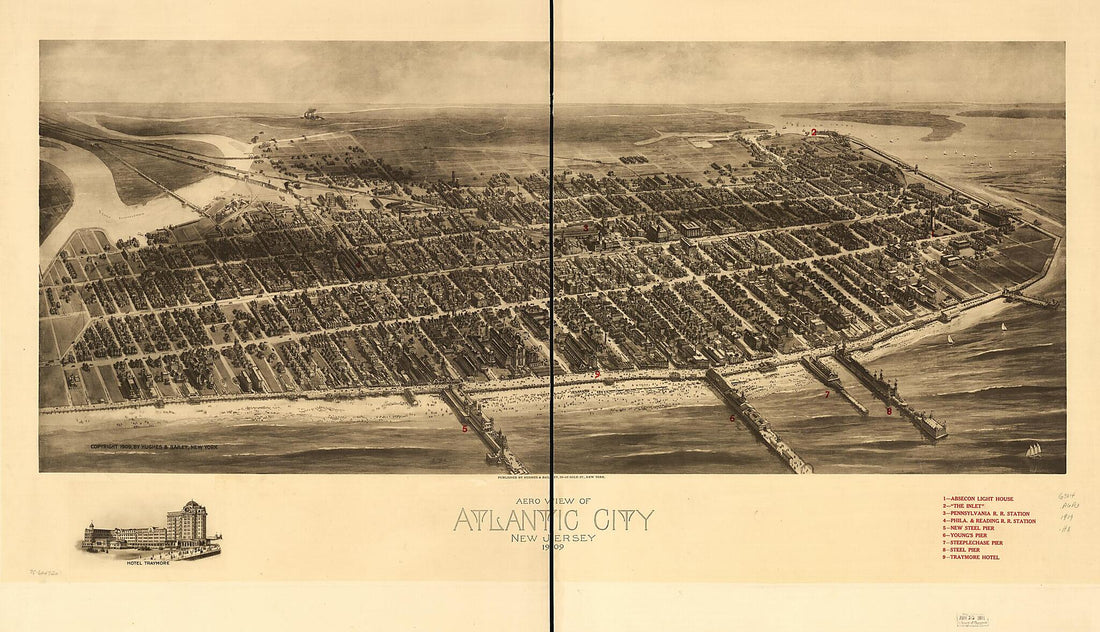 This old map of Aero View of Atlantic City, New Jersey from 1909 was created by Hughes & Bailey in 1909