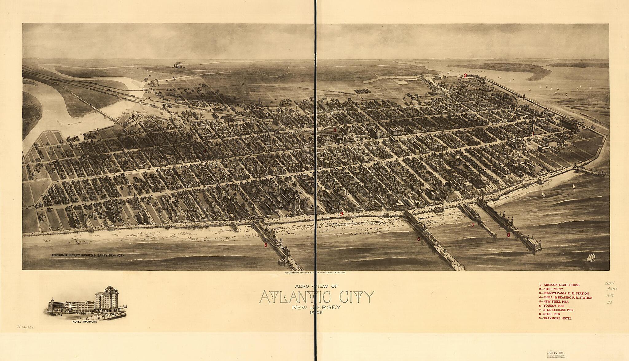 This old map of Aero View of Atlantic City, New Jersey from 1909 was created by Hughes & Bailey in 1909