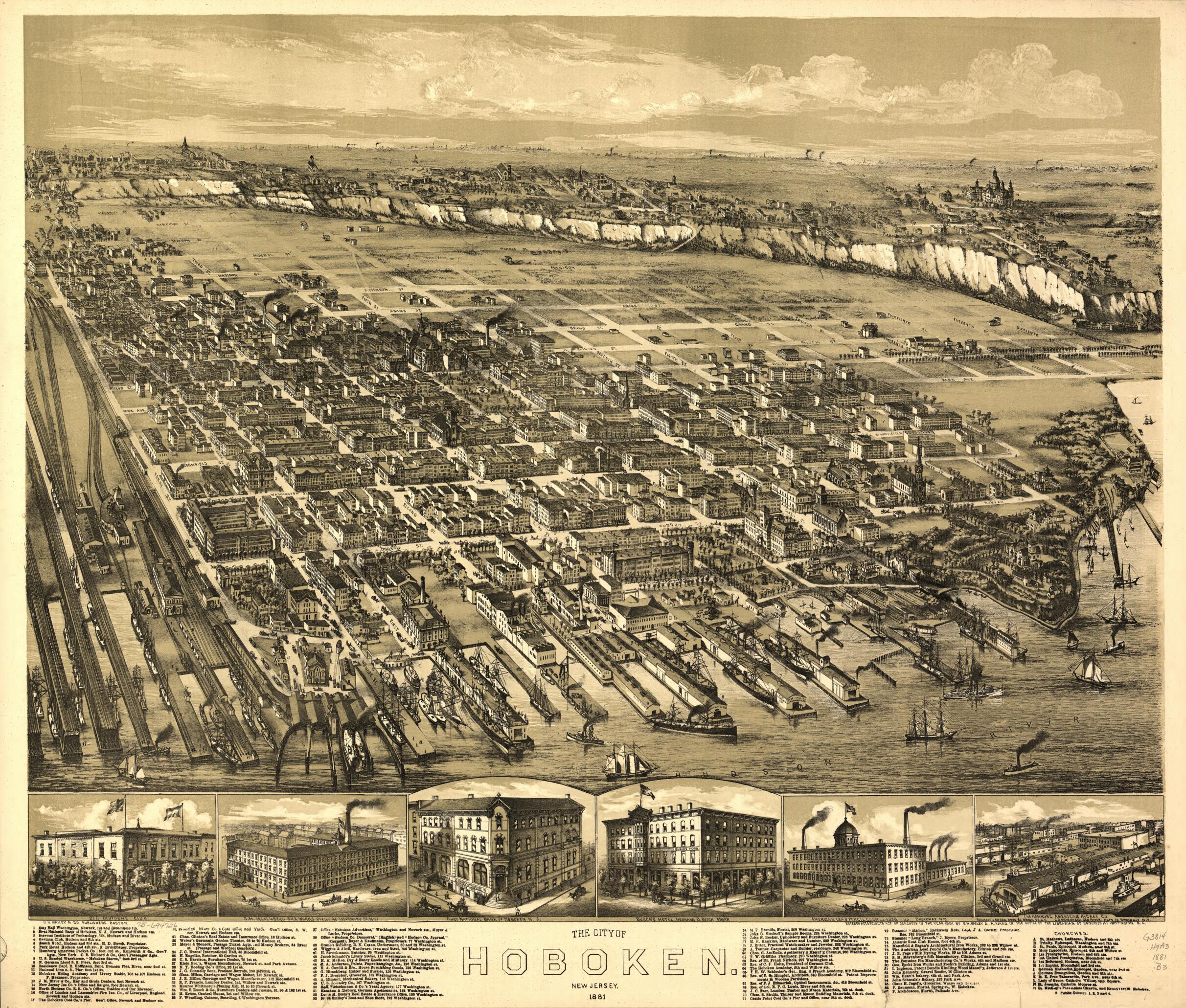 This old map of The City of Hoboken, New Jersey, from 1881 was created by O. H. (Oakley Hoopes) Bailey, O.H. Bailey & Co, Albert Ward in 1881