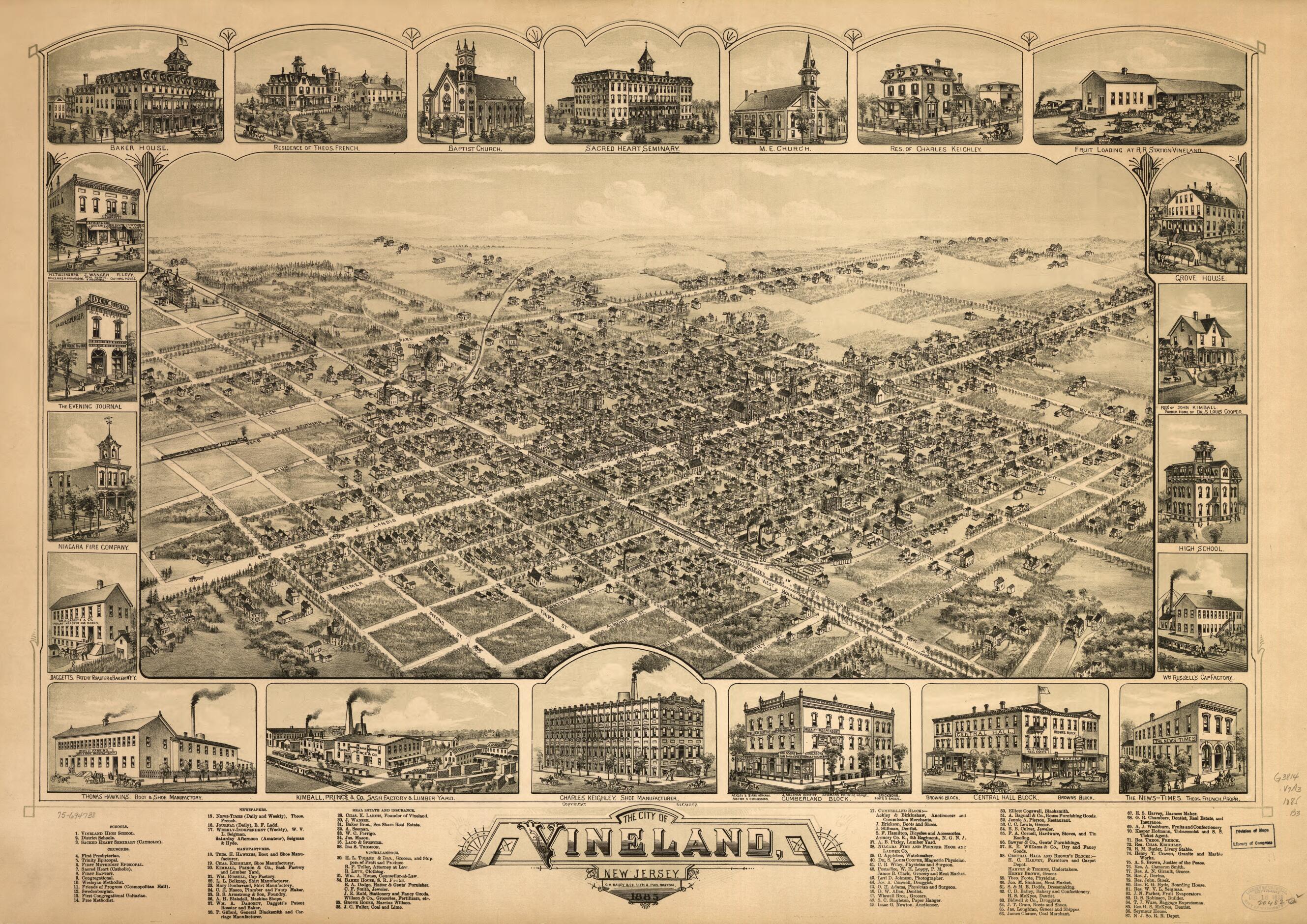 This old map of The City of Vineland, New Jersey, from 1885 was created by O.H. Bailey & Co in 1885