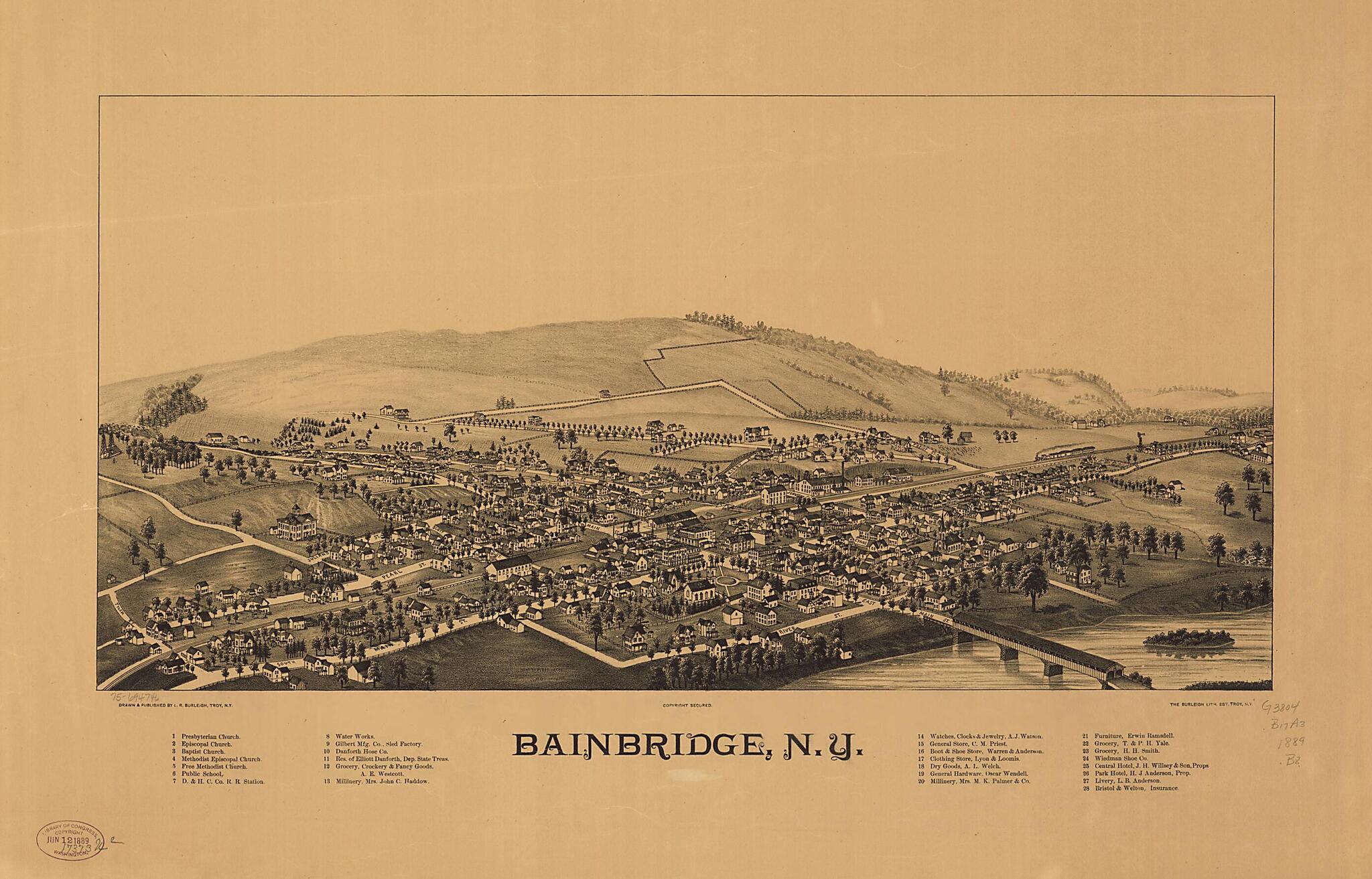 This old map of Bainbridge, New York from 1889 was created by Burleigh Litho, L. R. (Lucien R.) Burleigh in 1889