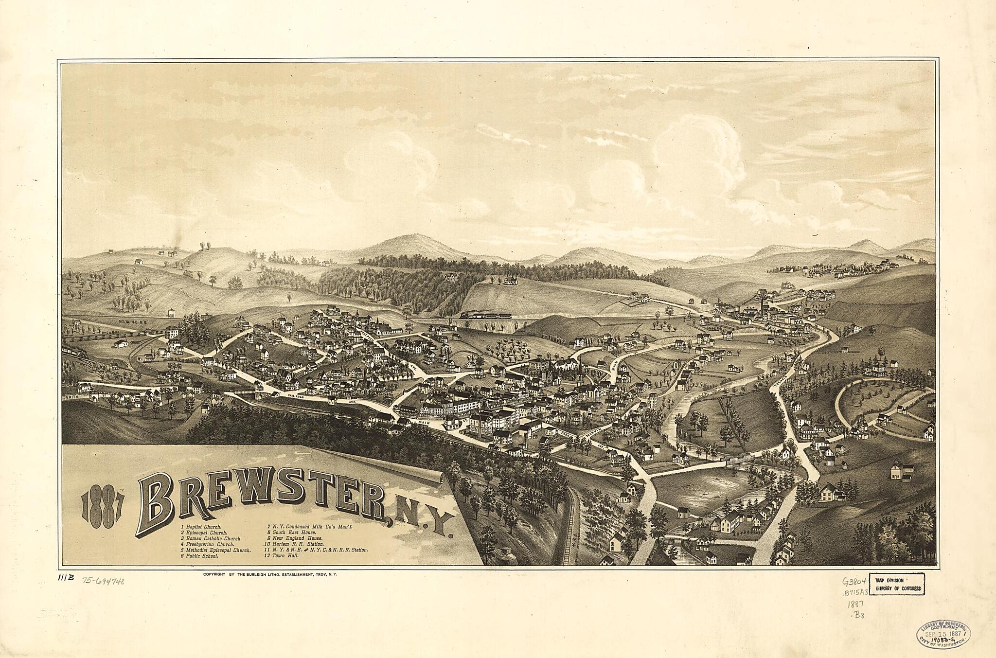 This old map of Brewster, New York from 1887 was created by Burleigh Litho in 1887