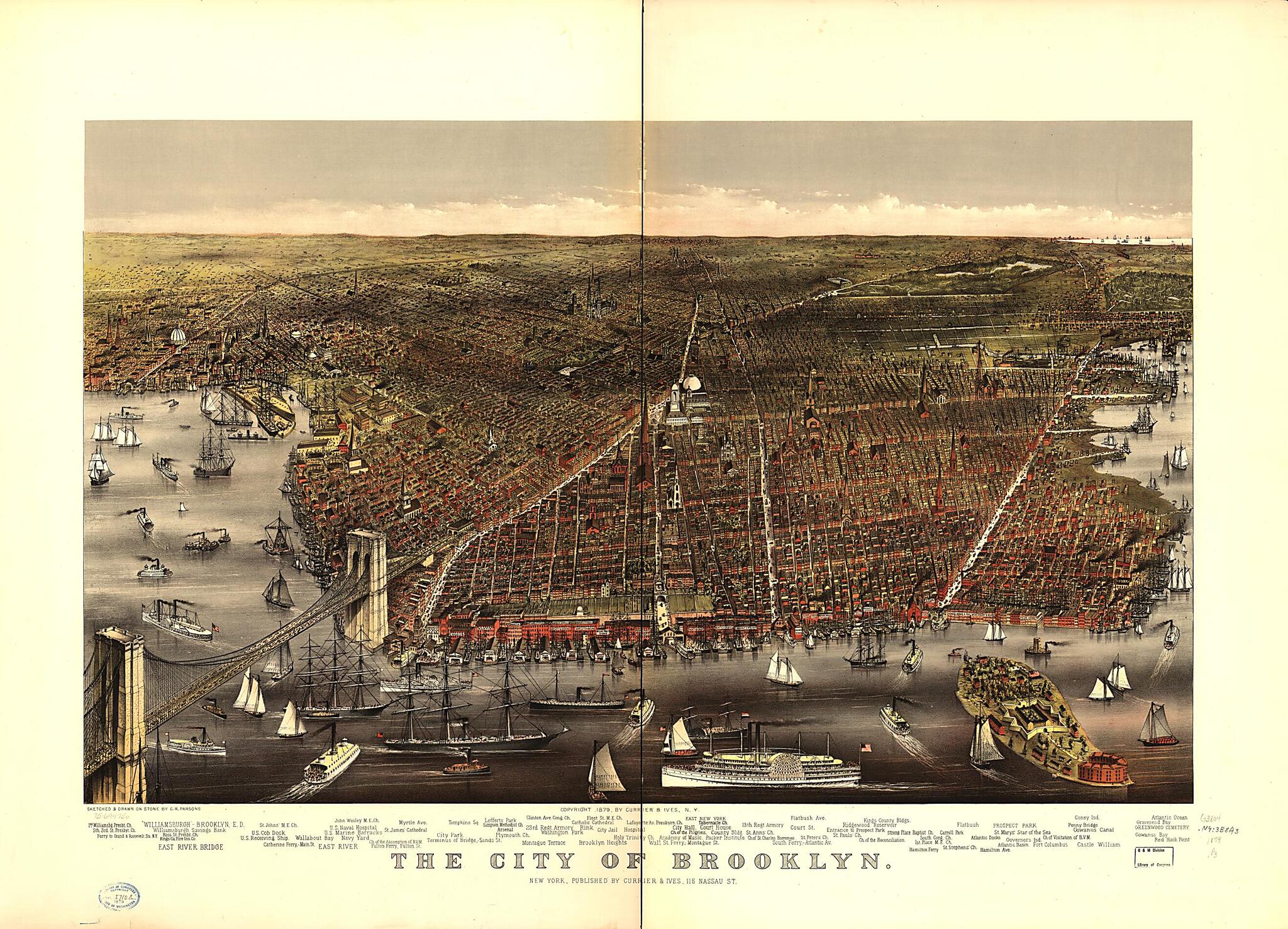 This old map of The City of Brooklyn from 1879 was created by Currier & Ives, Charles R. (Charles Richard) Parsons in 1879