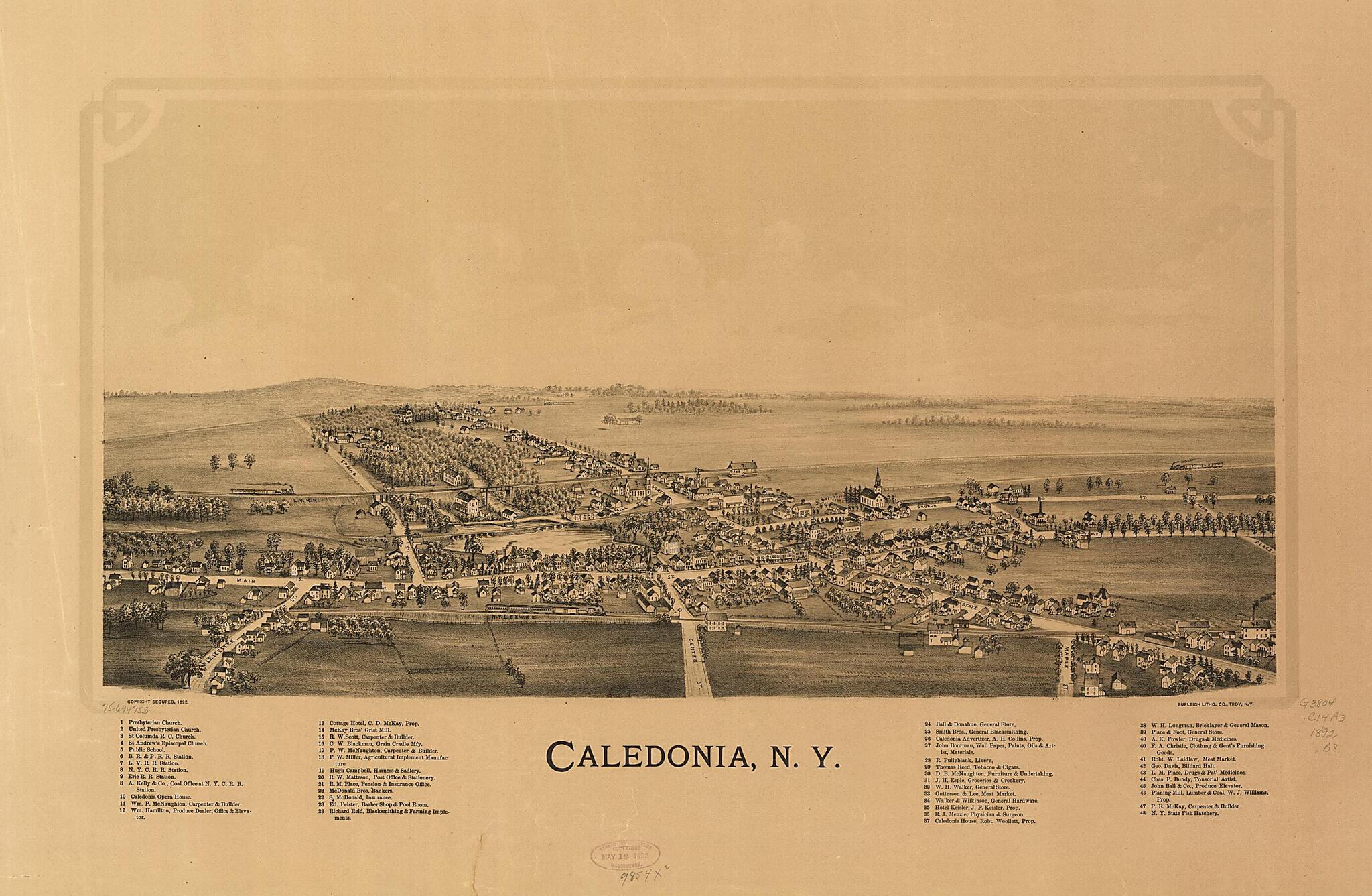 This old map of Caledonia, New York from 1892 was created by Burleigh Litho in 1892