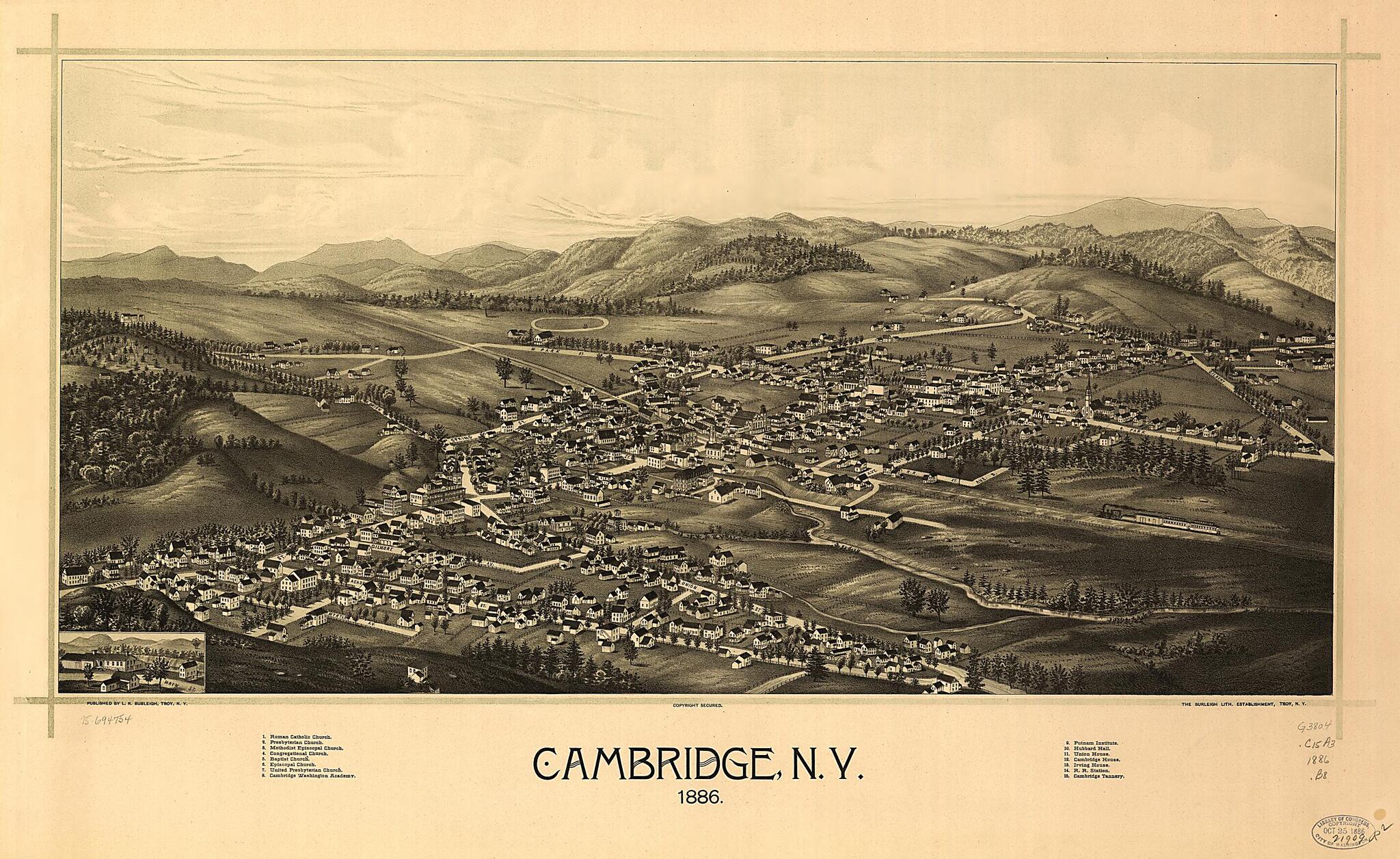 This old map of Cambridge, New York from 1886 was created by Burleigh Litho, L. R. (Lucien R.) Burleigh in 1886