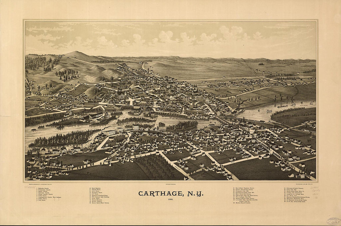 This old map of Carthage, New York from 1888 was created by Burleigh Litho, L. R. (Lucien R.) Burleigh in 1888